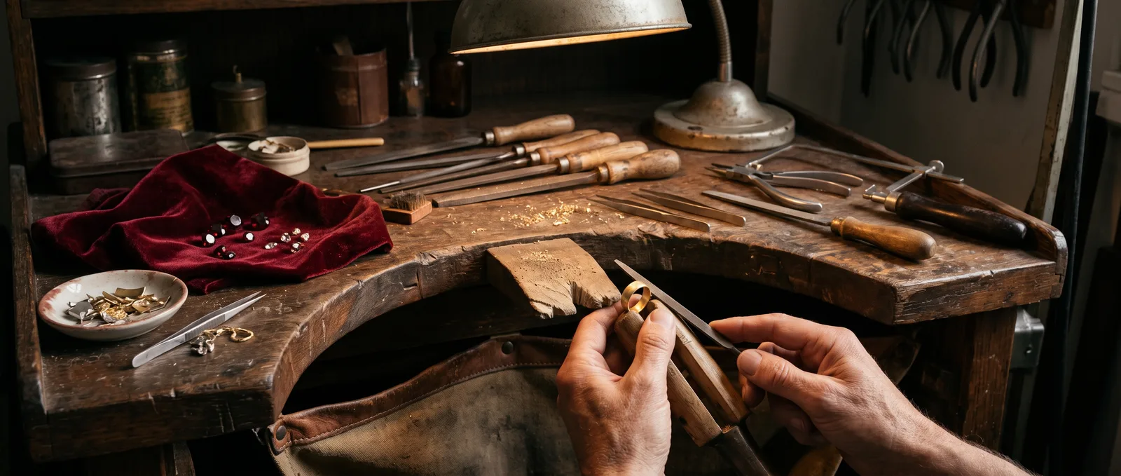 Jeweller’s bench with tools and a ring in progress