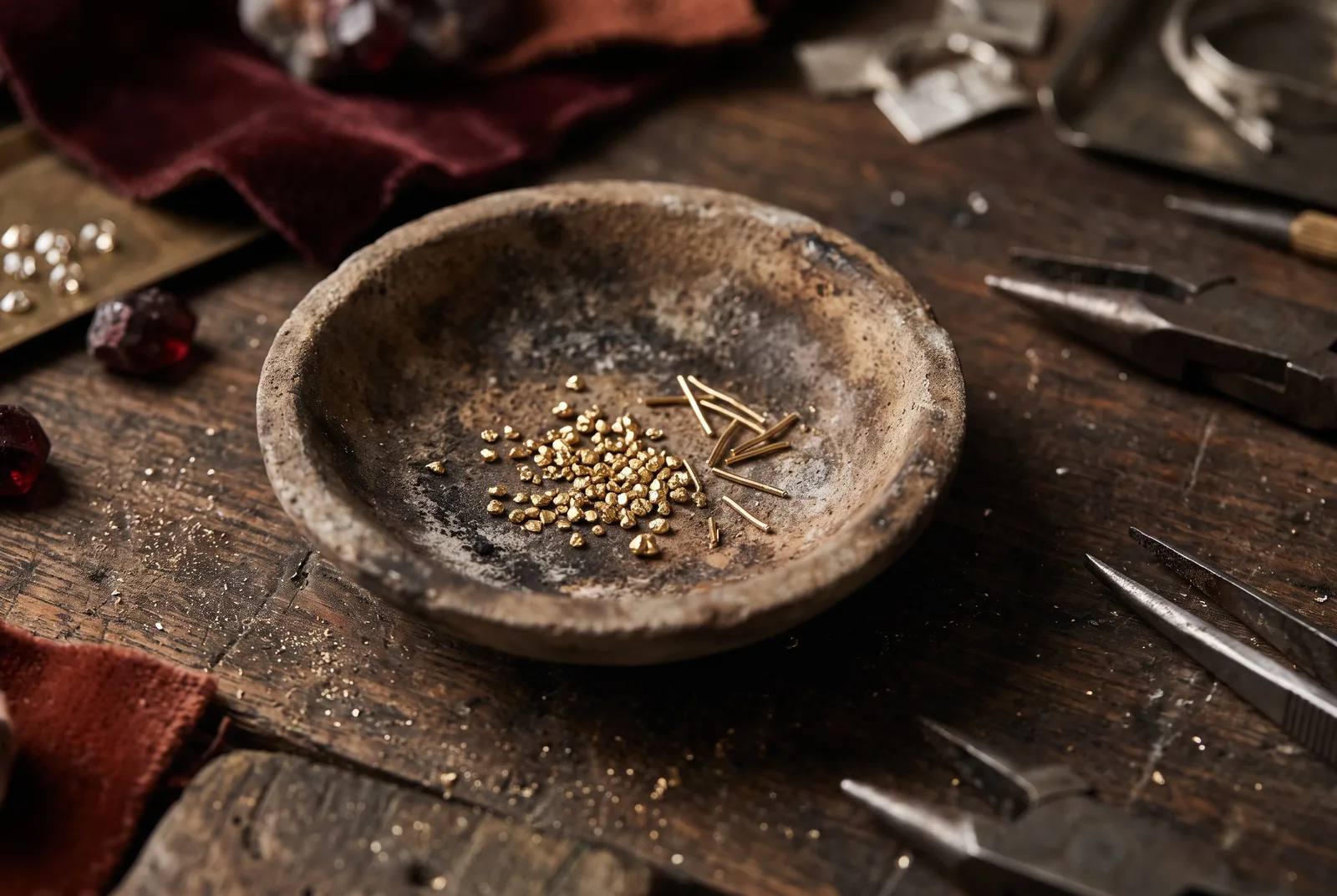 Small grains of recycled gold in a shallow crucible on a workbench