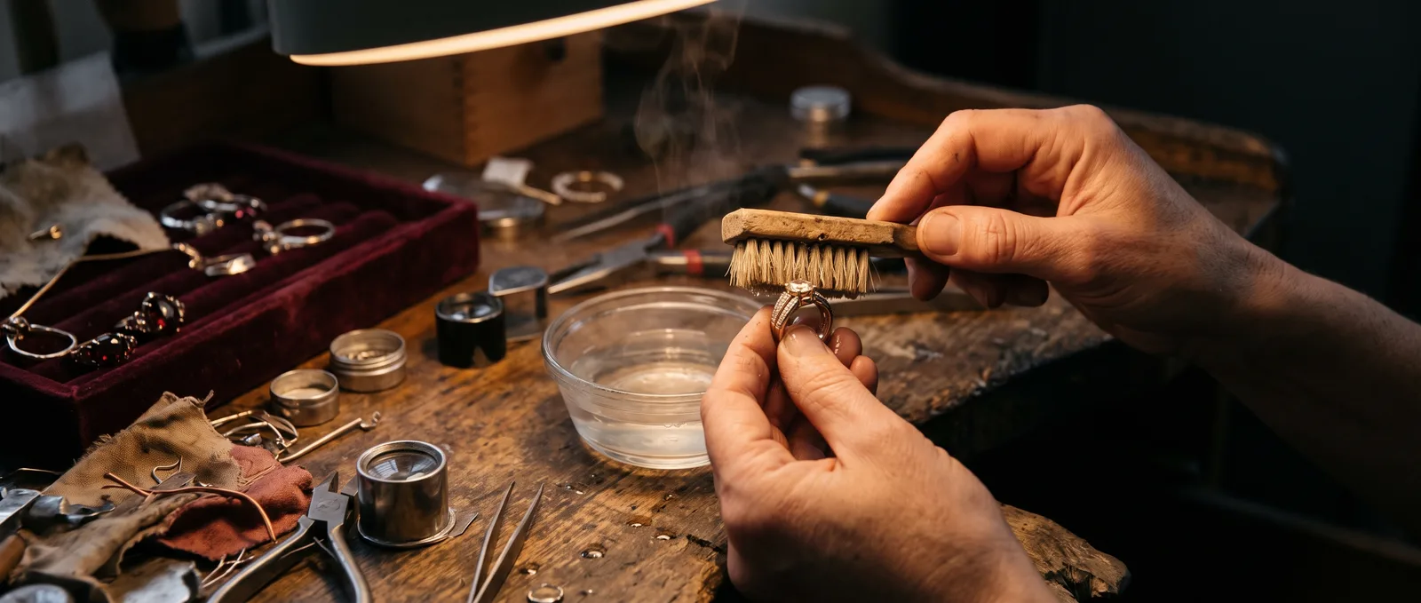A jeweller cleaning a diamond ring with a soft brush at the bench