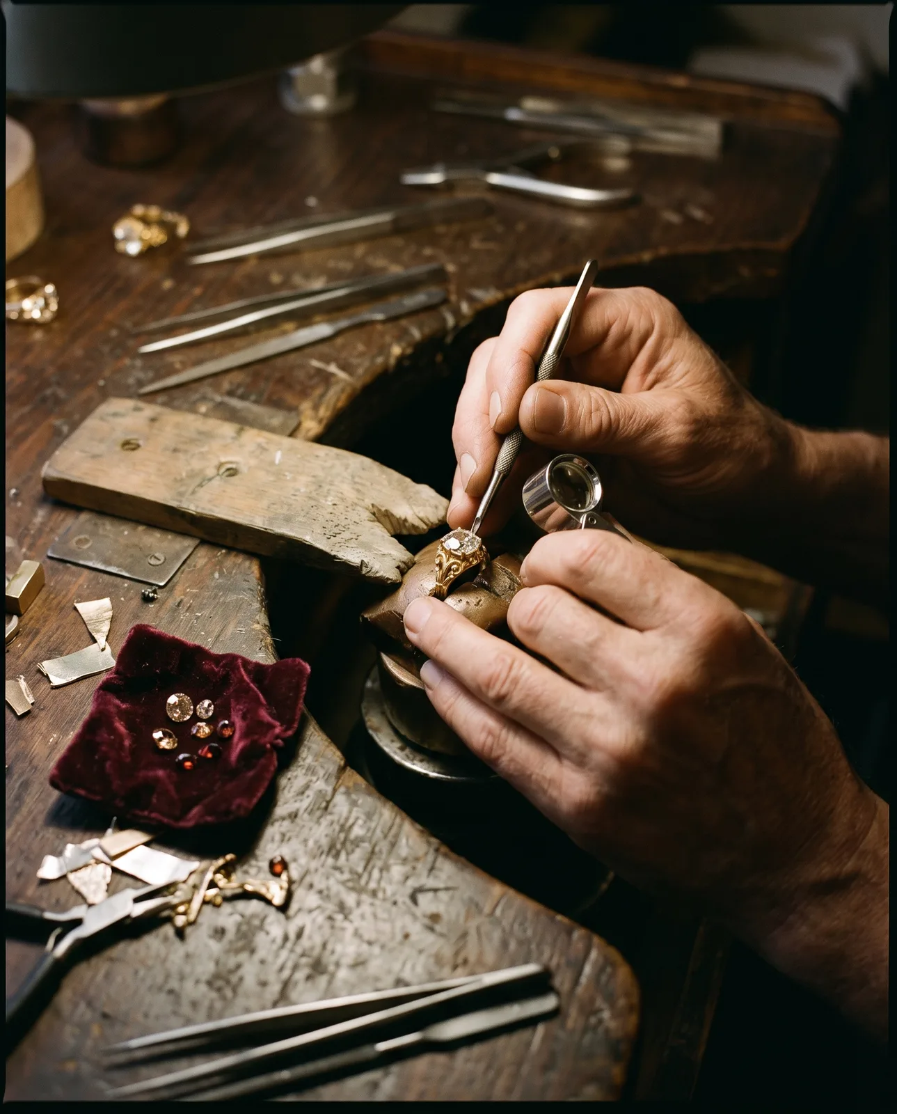 Jeweller’s hands resetting an antique stone