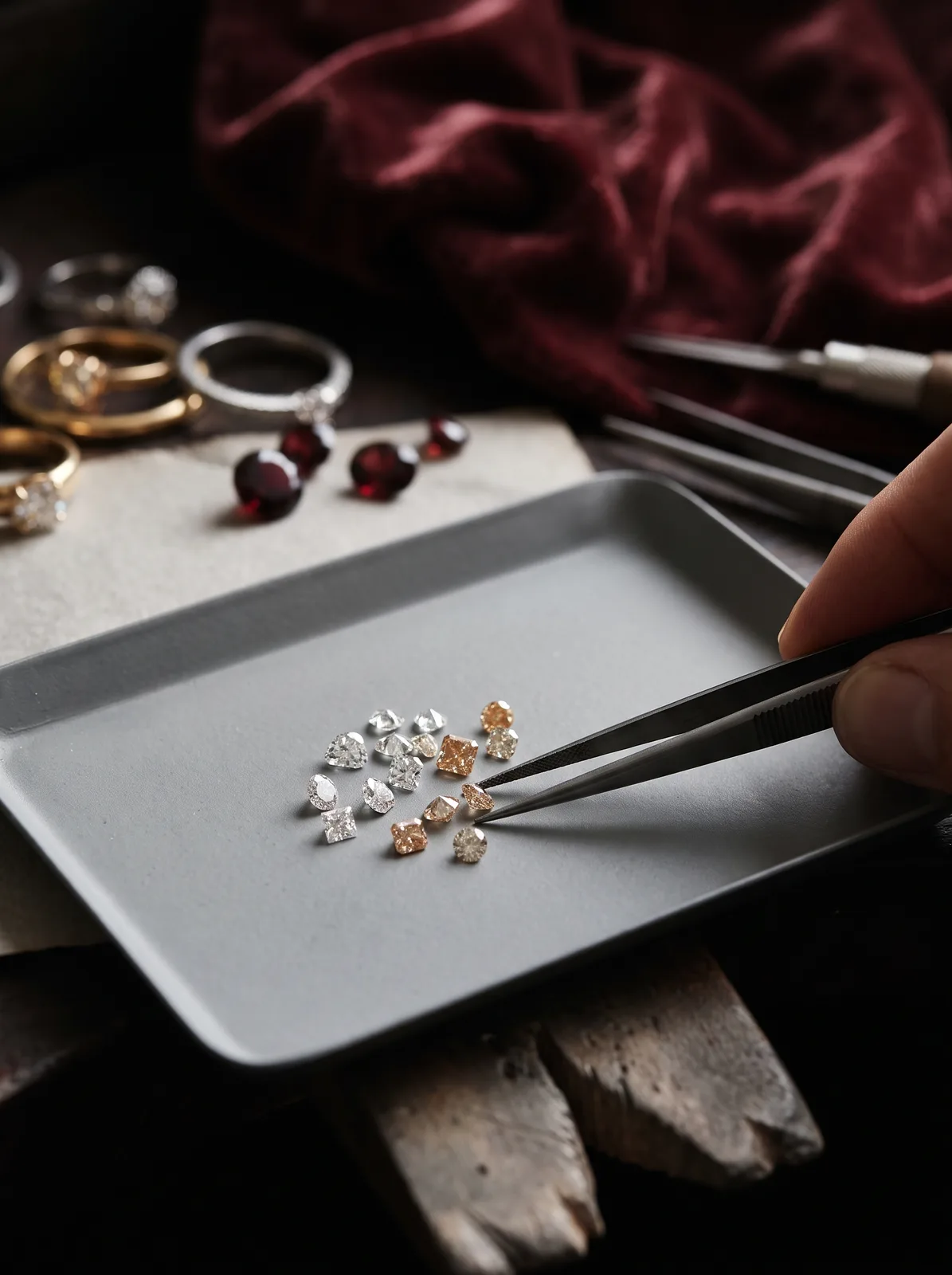 Loose champagne and white diamonds on a sorting tray