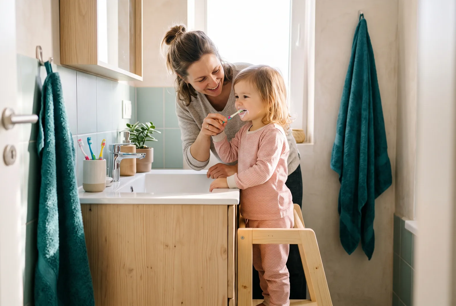 Parent helping a small child brush their teeth at a sink