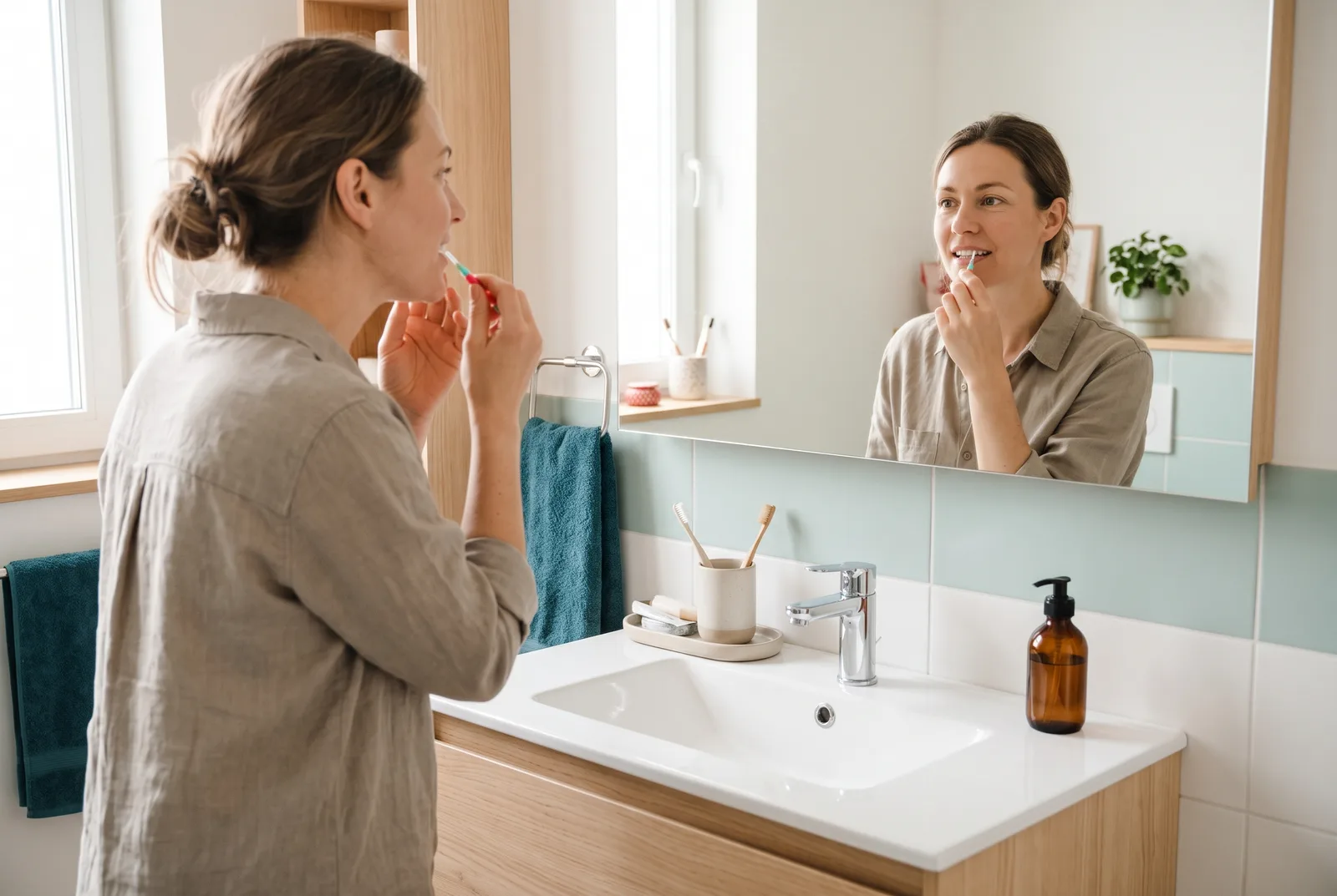 Person flossing their teeth at a bathroom mirror
