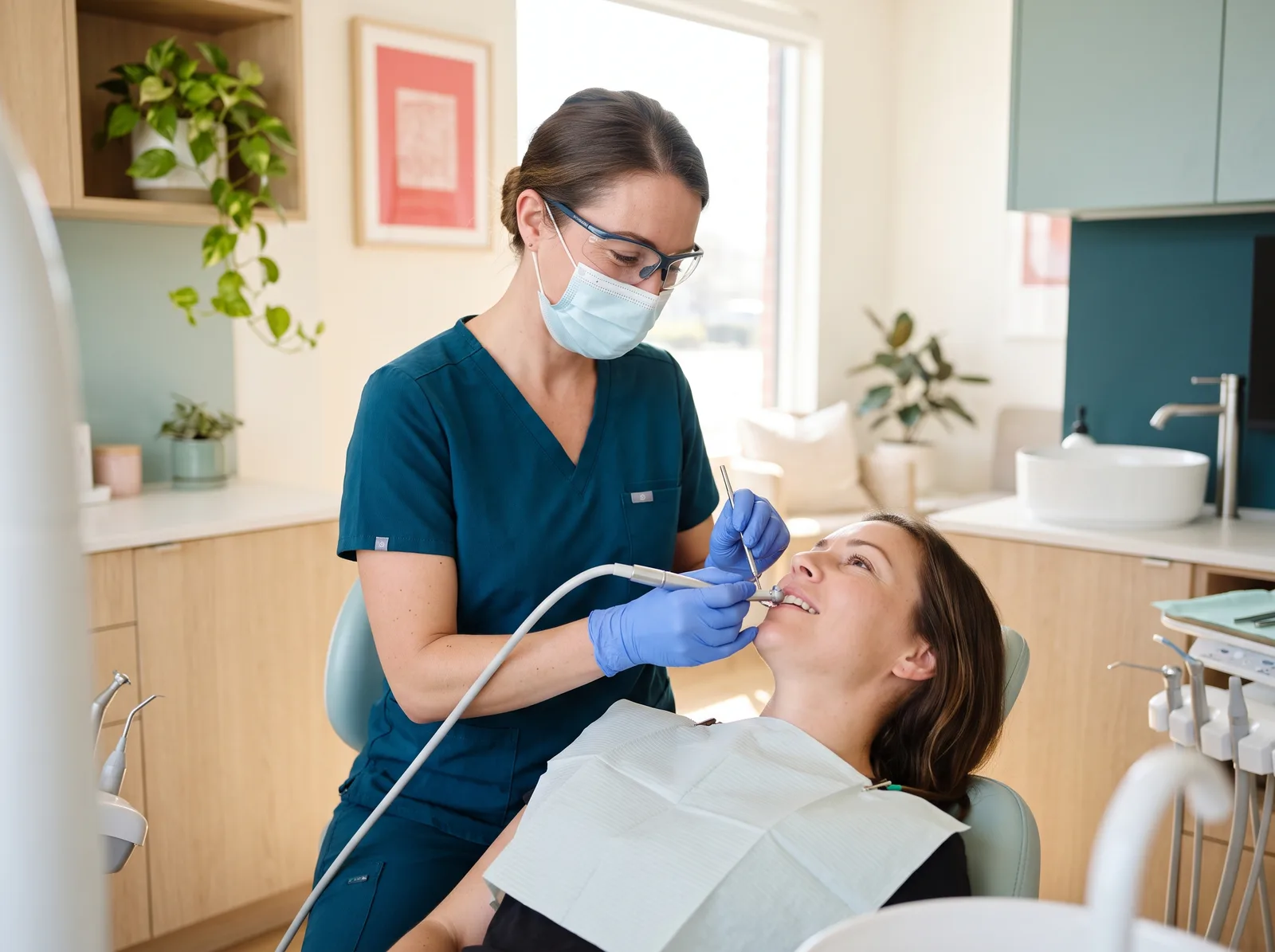 Hygienist checking a smiling patient’s teeth