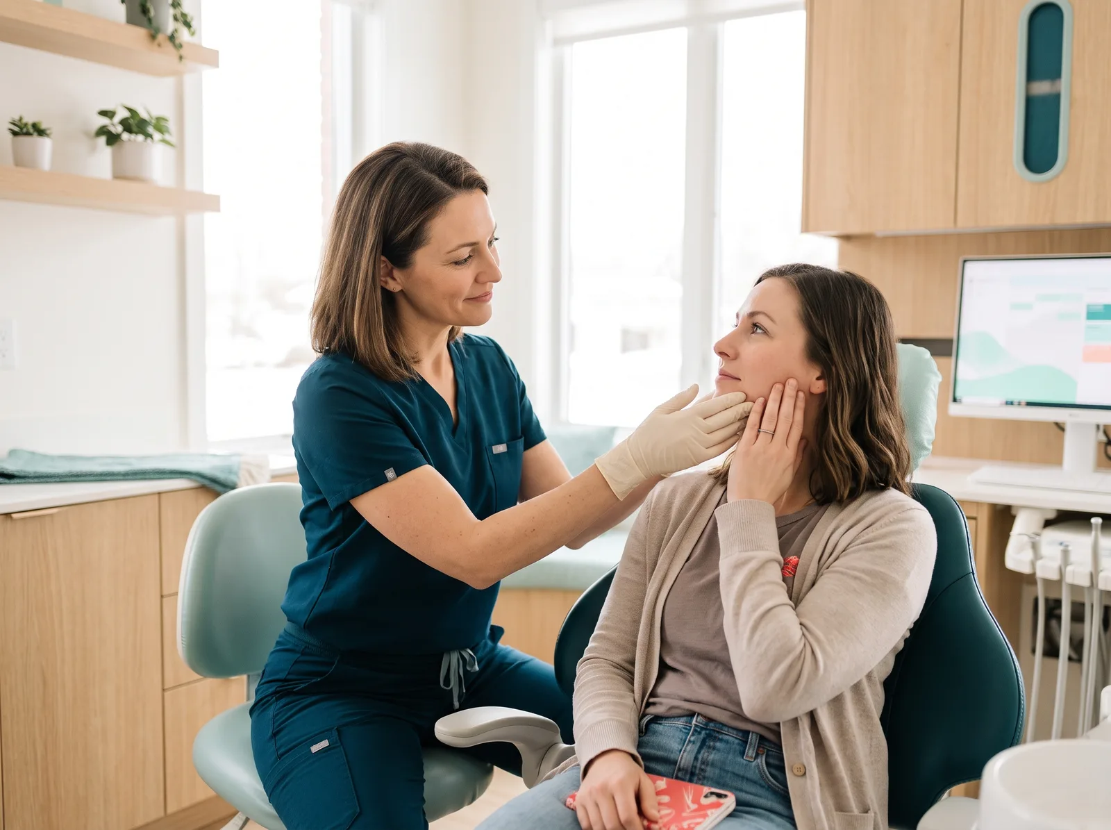 Dentist calmly examining a patient’s jaw