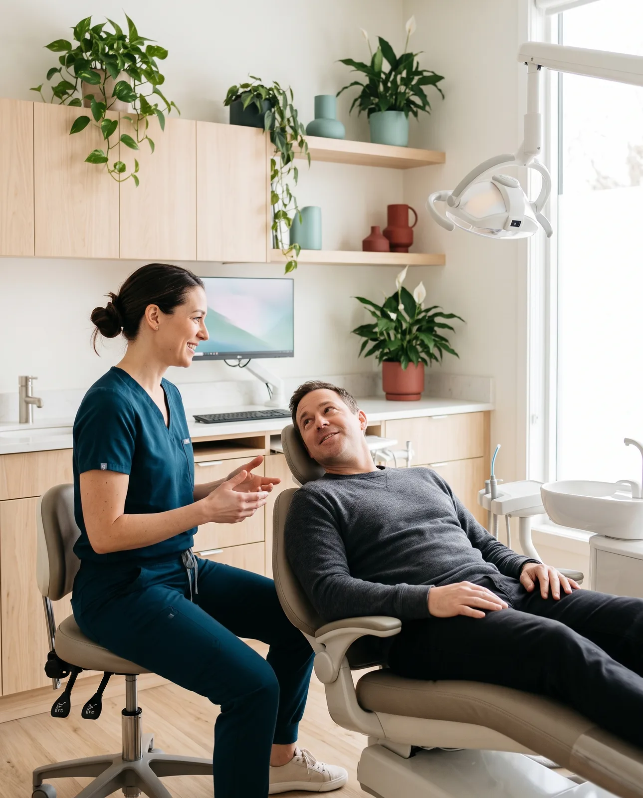 Dentist smiling with a patient in a bright treatment room