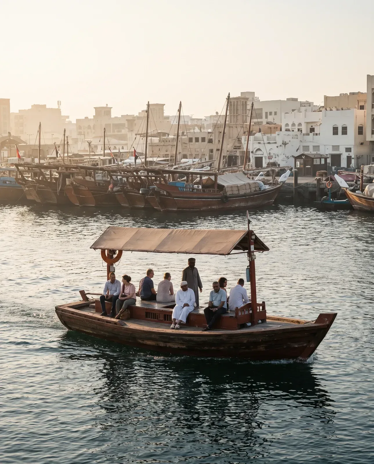 An abra crossing Dubai Creek in early morning light