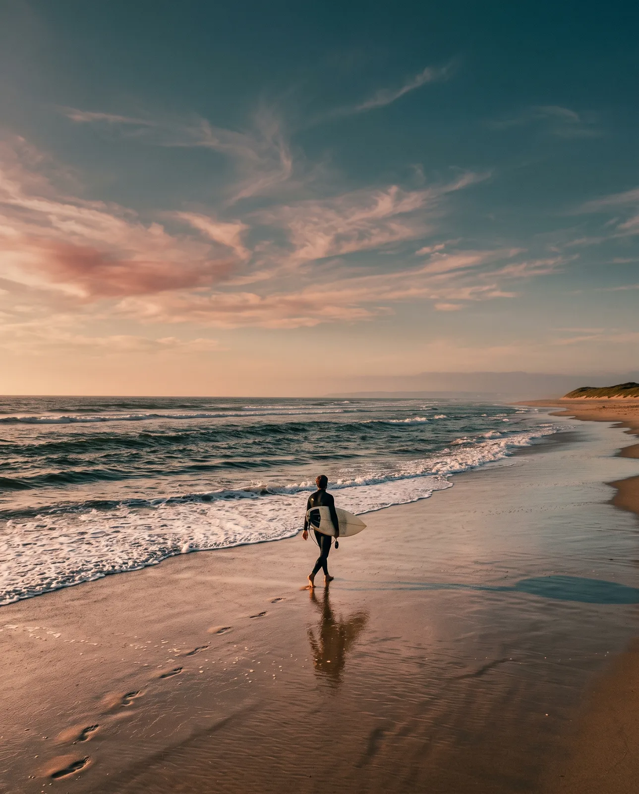 Late evening beach with a lone surfer walking out