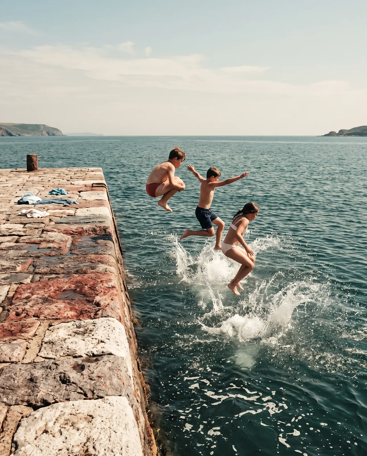 Children jumping off a stone pier into the sea