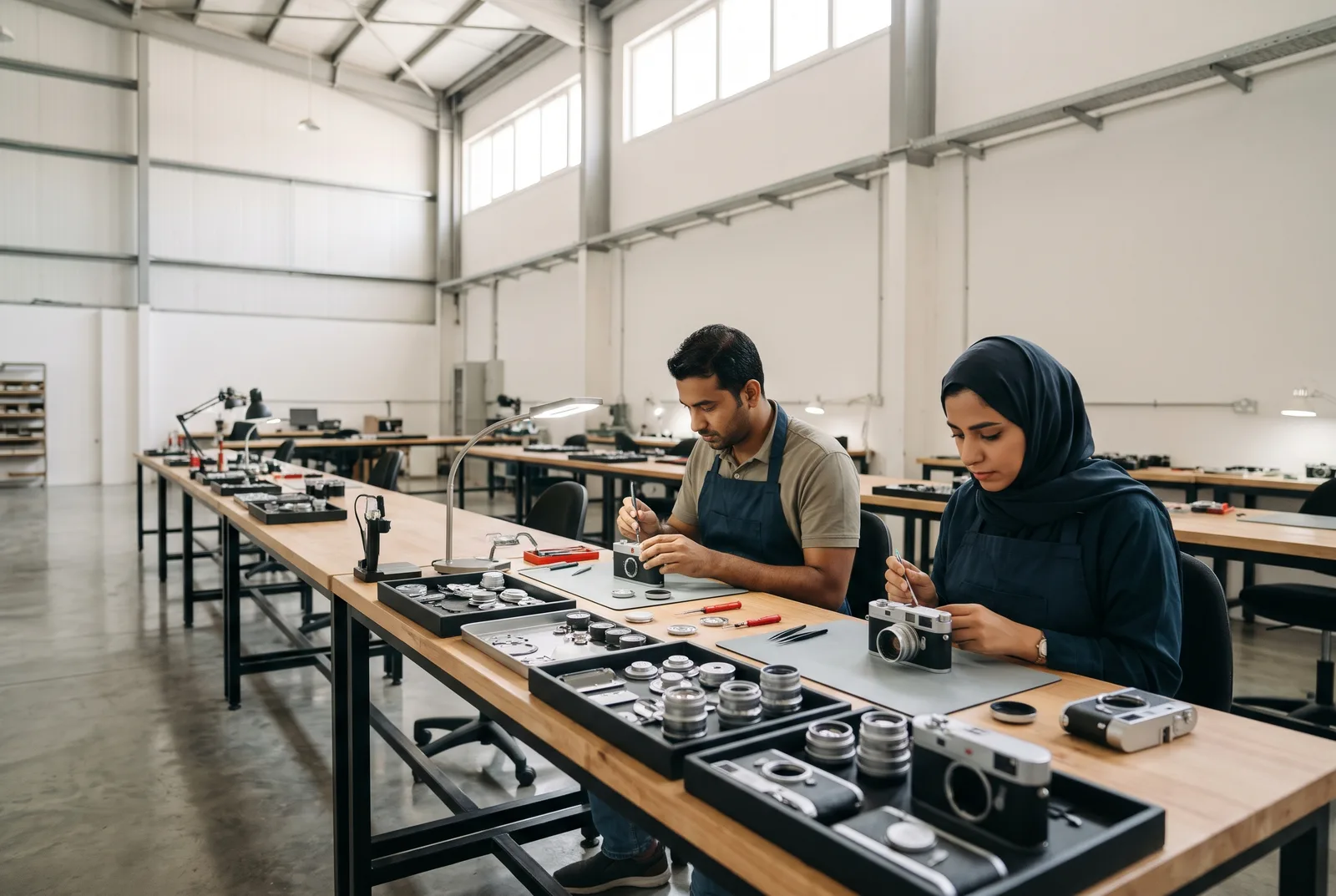 Technicians at workbenches in the Halde workshop in Al Quoz, Dubai