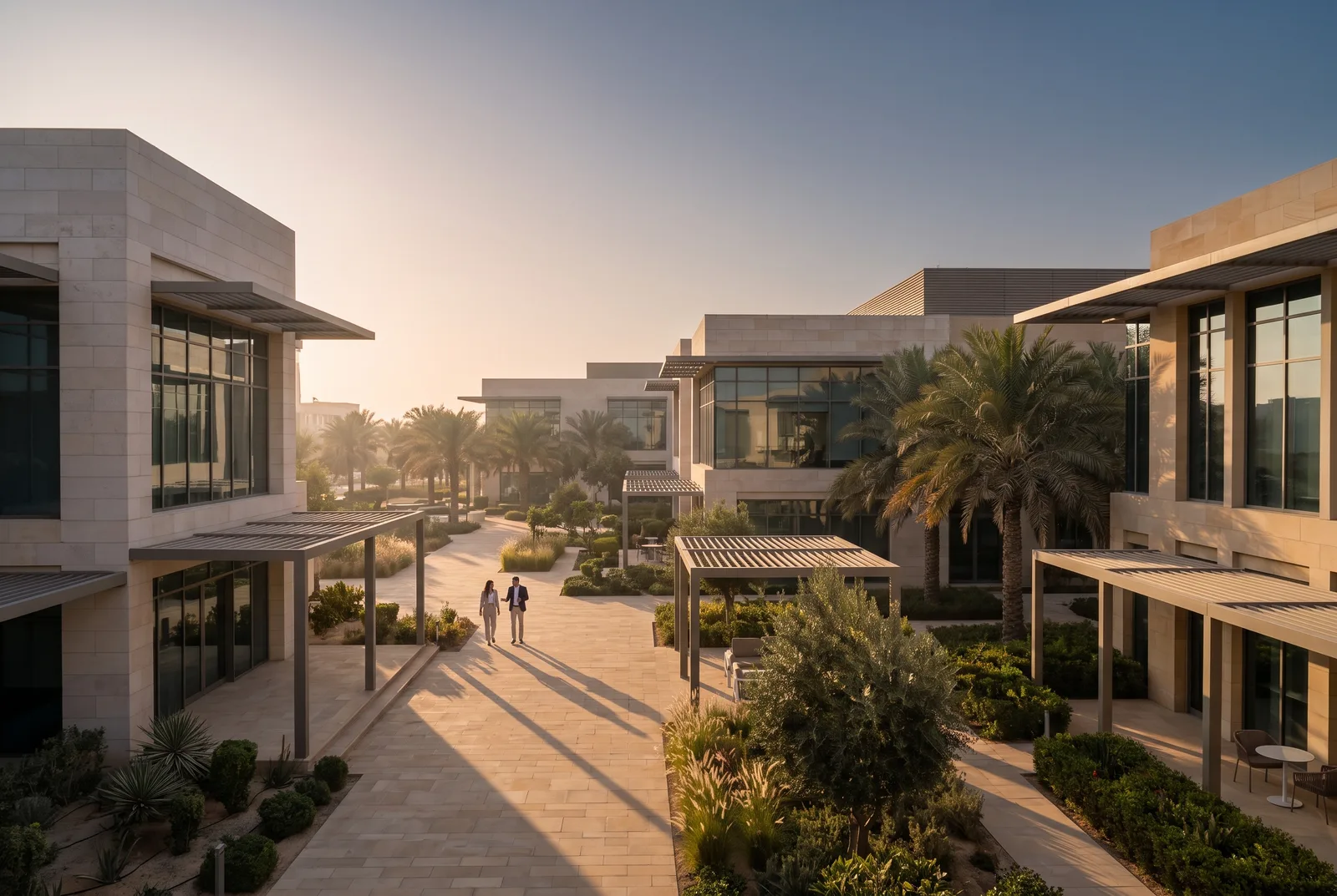 Low-rise office buildings with shaded walkways and palm trees