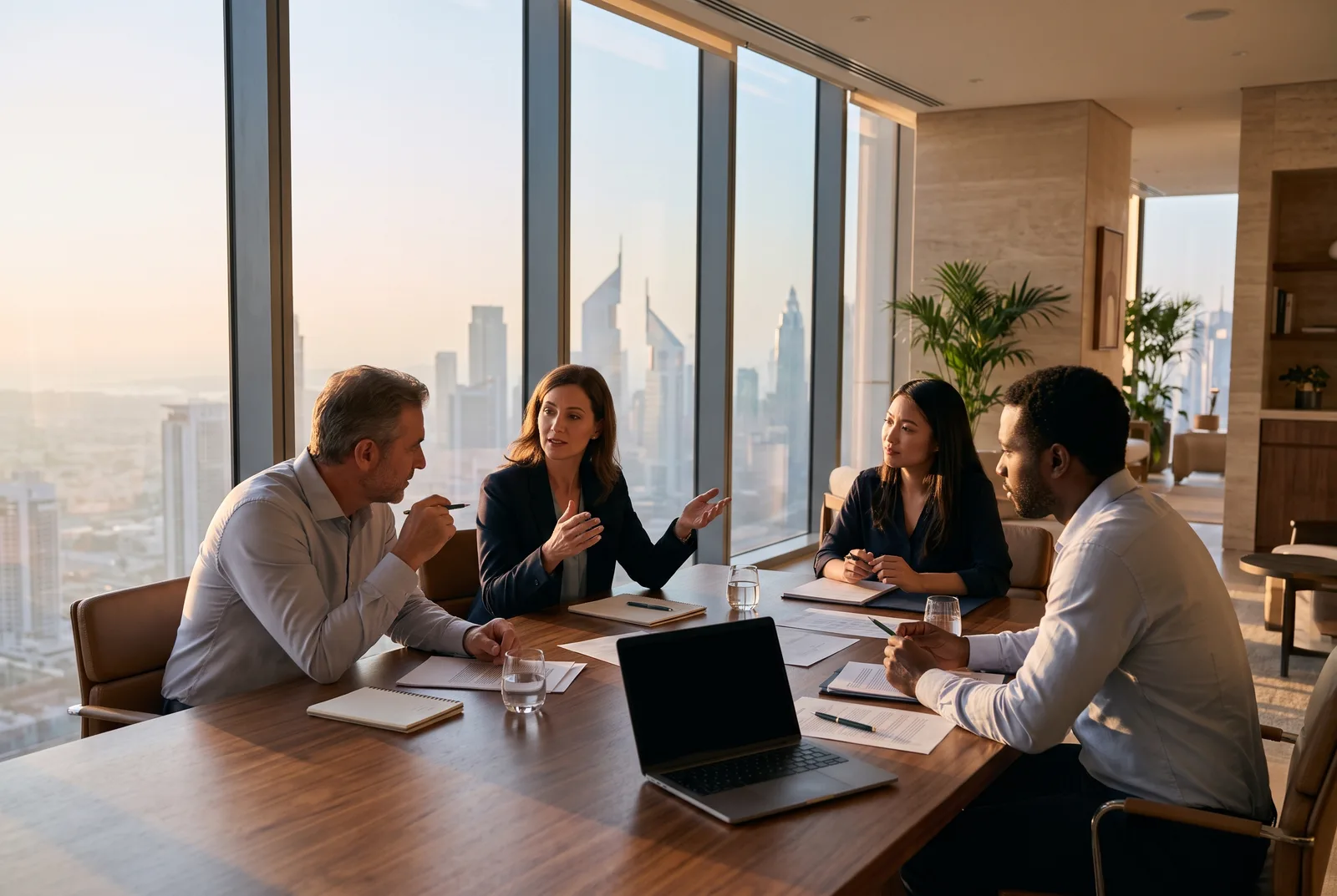 Partners and colleagues talking in a meeting room at our DIFC office