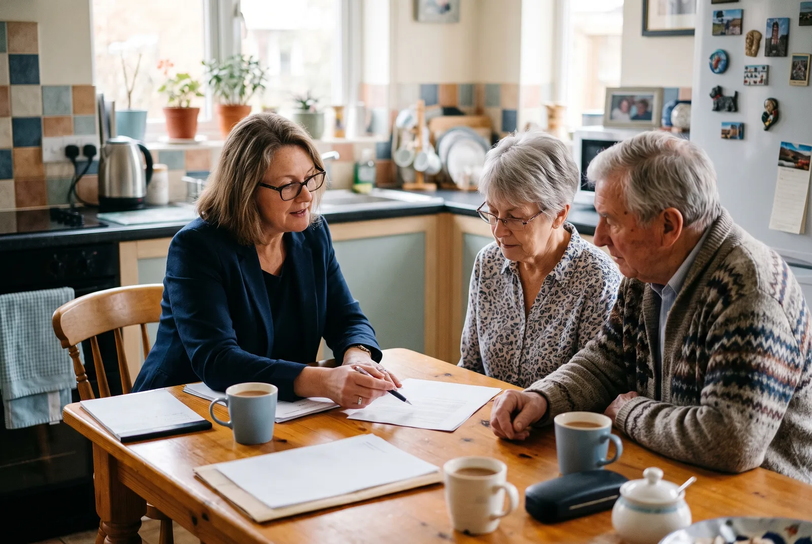 Lawyer explaining a document to an older couple at home