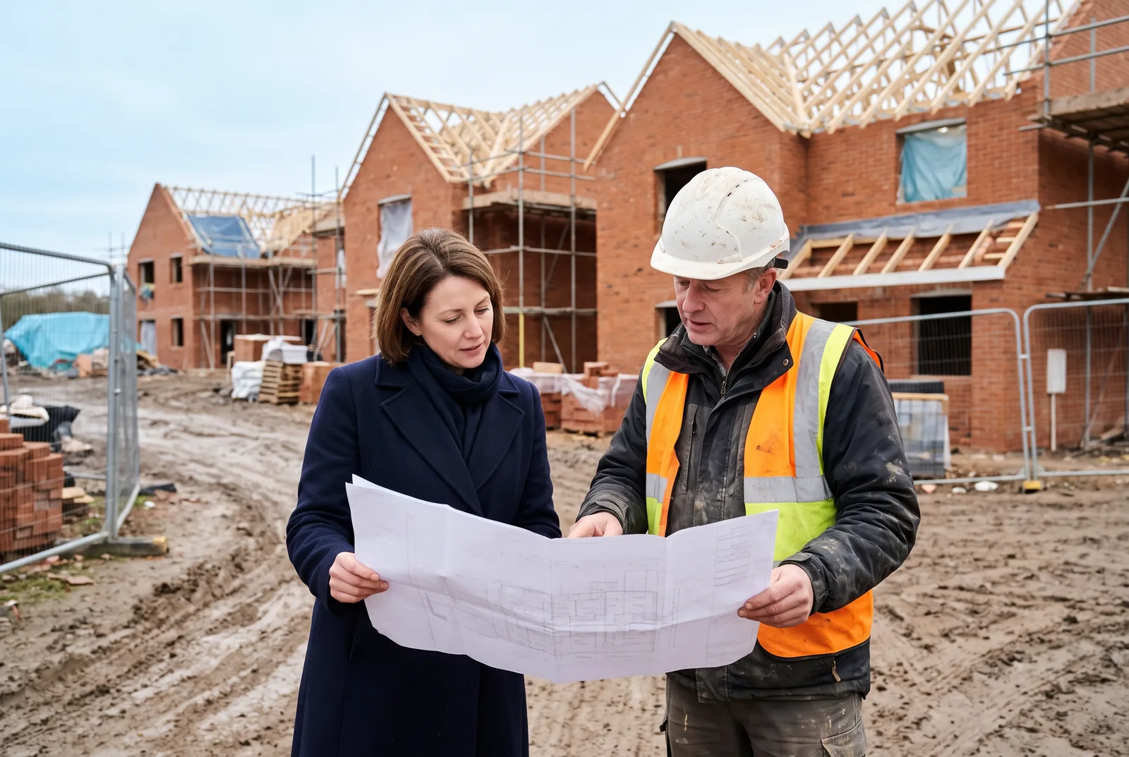 Lawyer and developer reviewing site plans on a construction site
