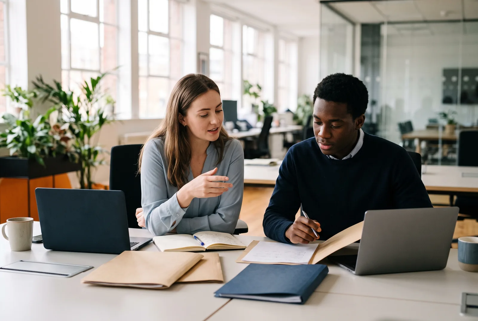 Two trainee lawyers working together at a desk