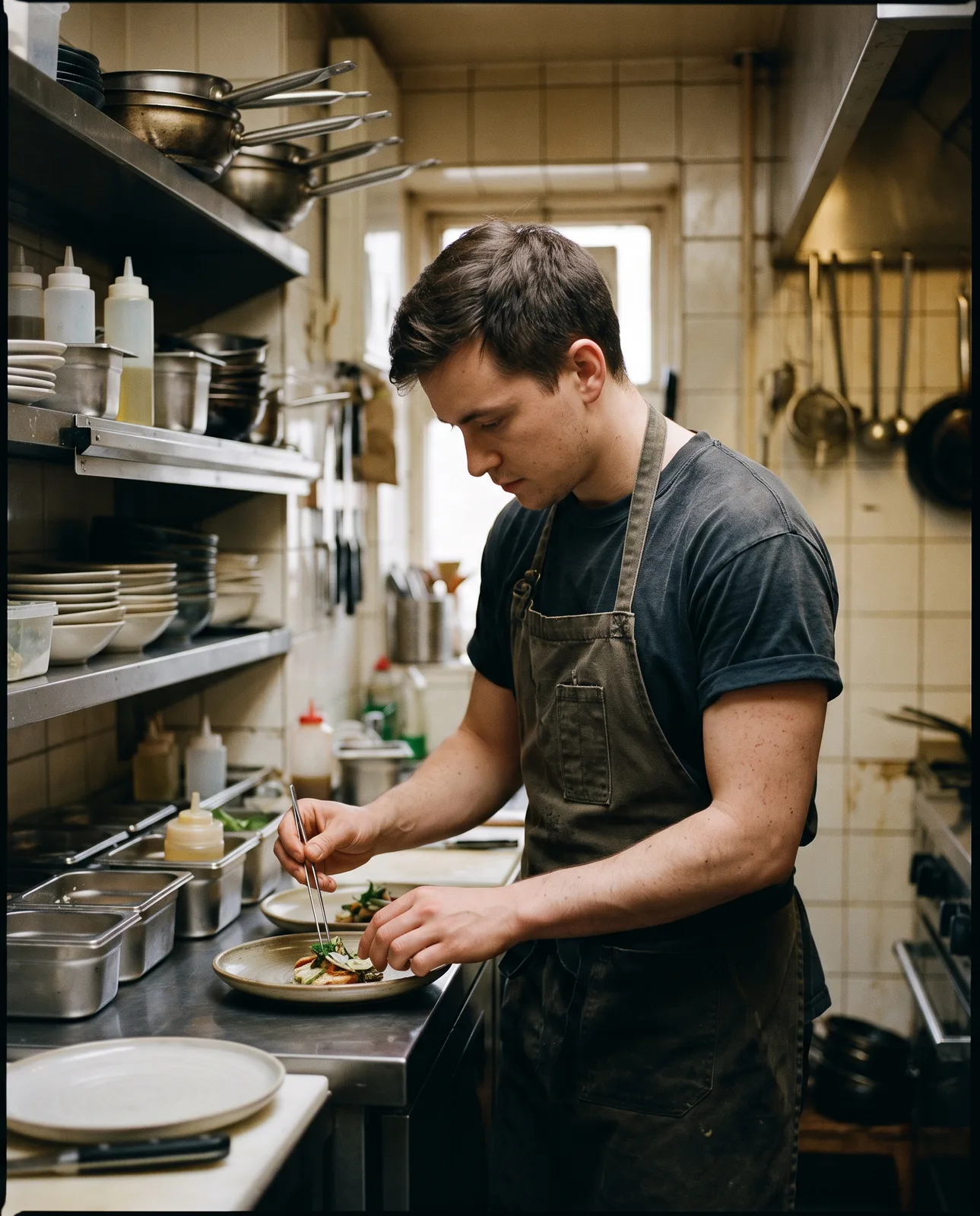 Chef plating in a small kitchen