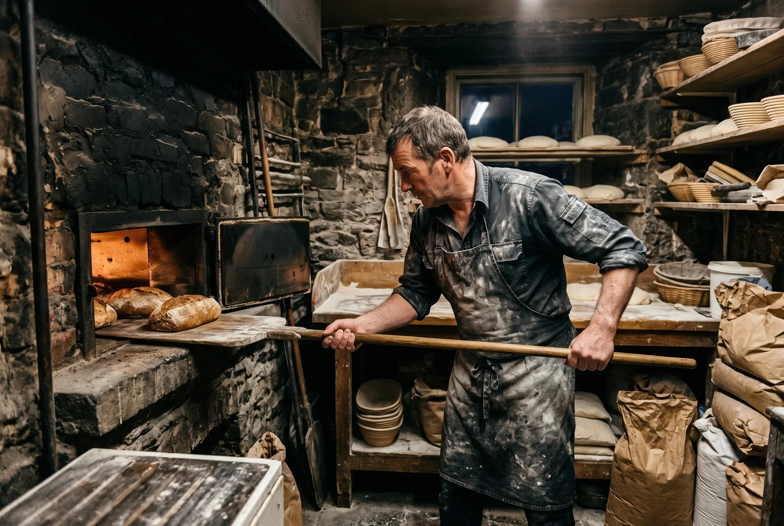 Baker loading loaves into a deck oven with a long wooden peel
