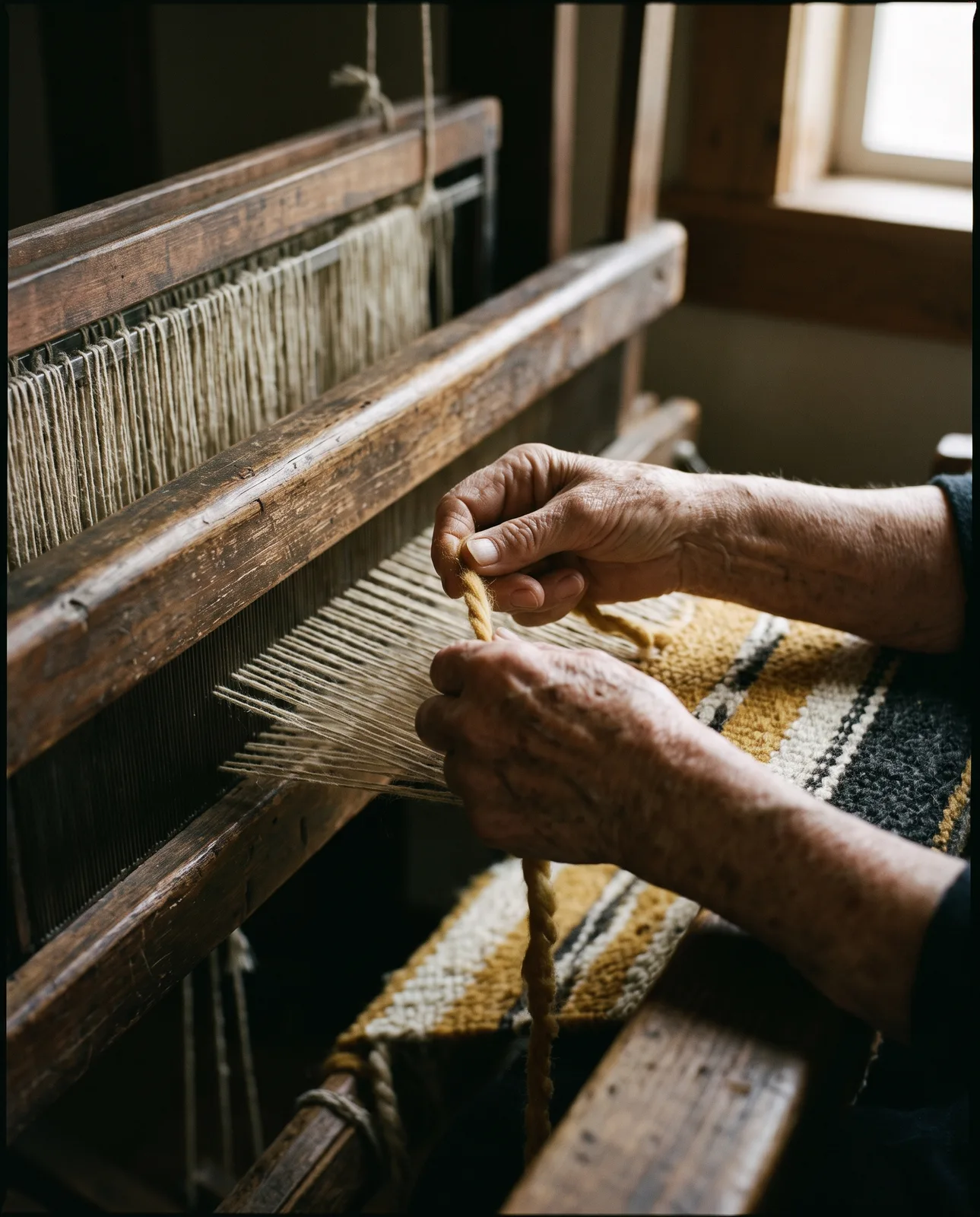 Weathered hands threading wool through a loom