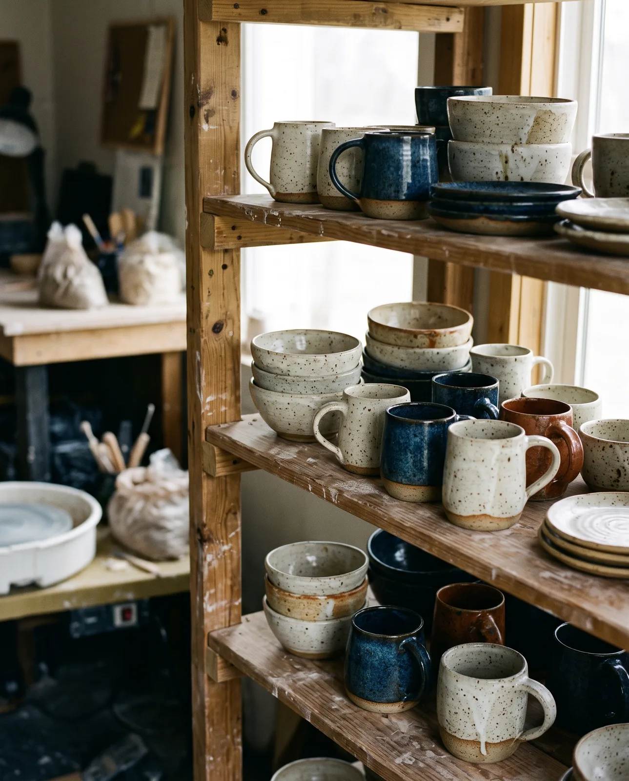 Glazed mugs and bowls on wooden shelves in soft window light