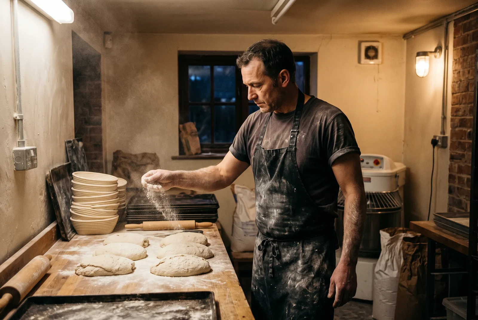 Baker dusting flour at dawn
