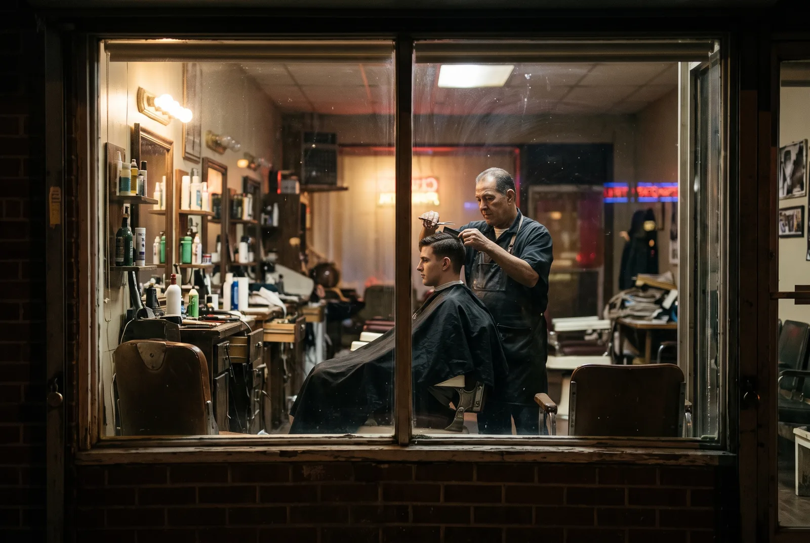 Barber with a client at night