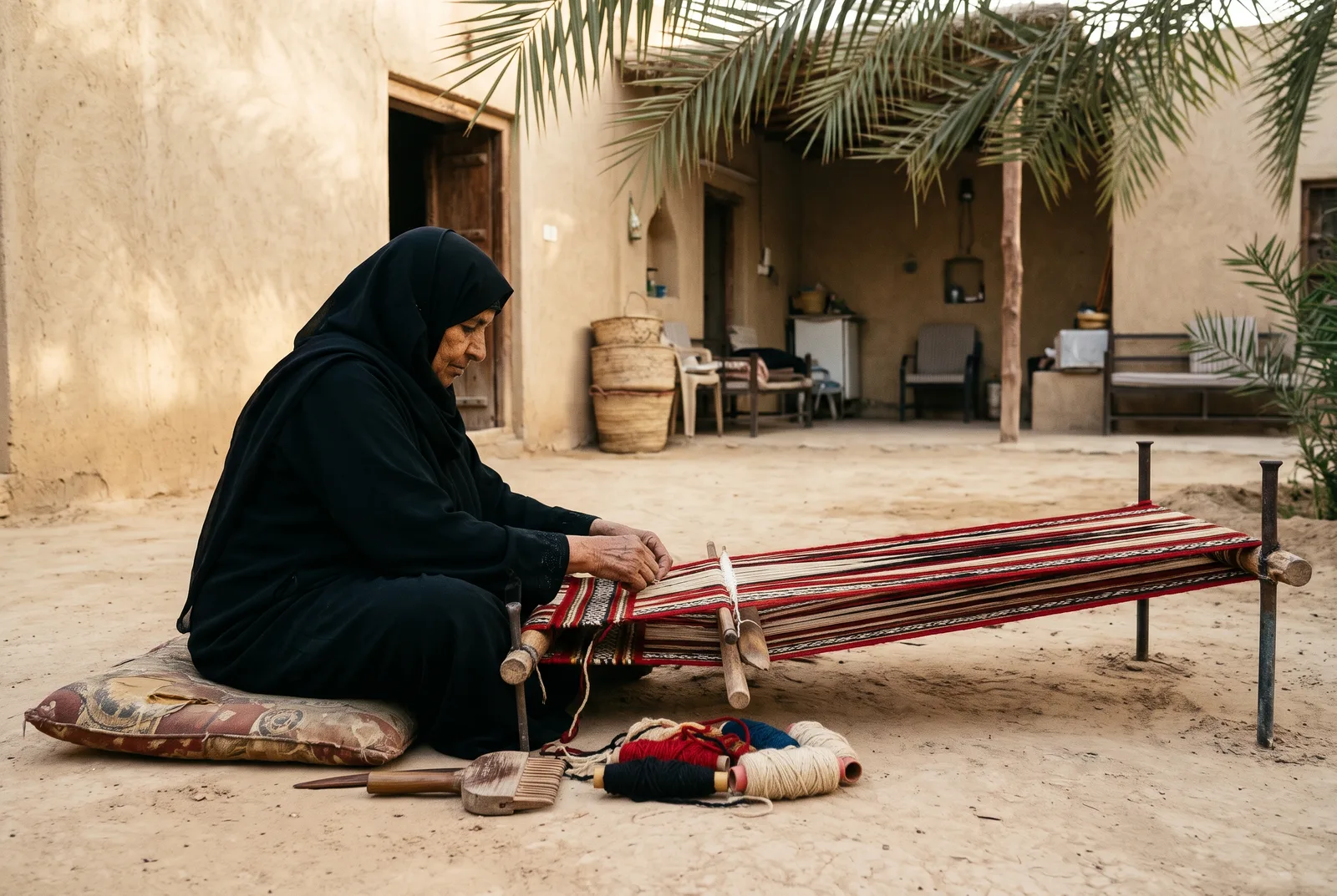 Weaver at a Sadu ground loom