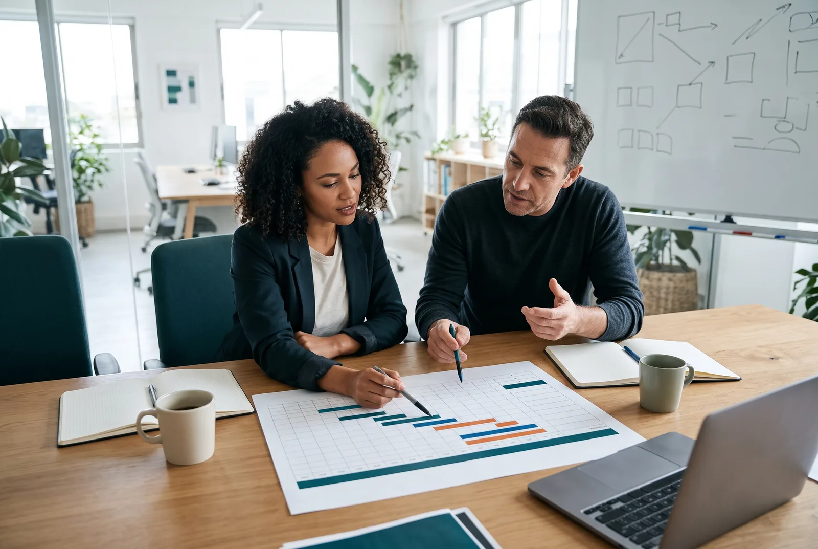 Two people reviewing a printed plan in a meeting room