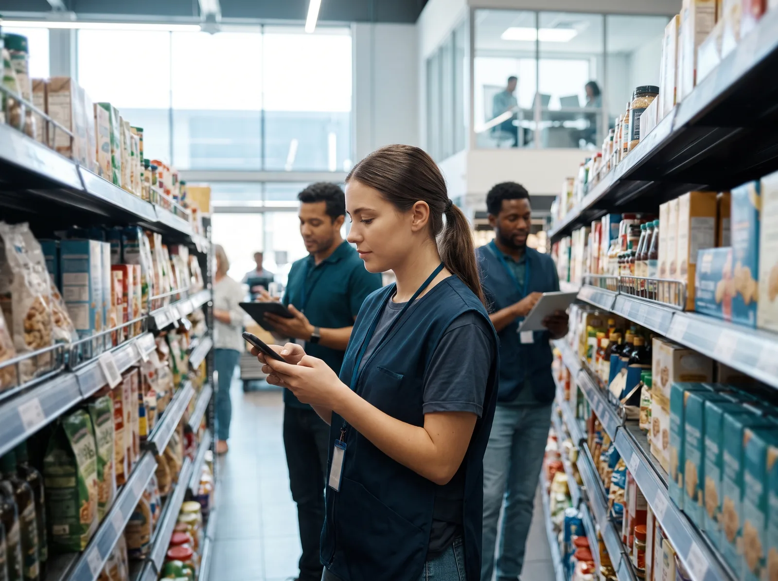 Store assistant scanning shelves with a phone