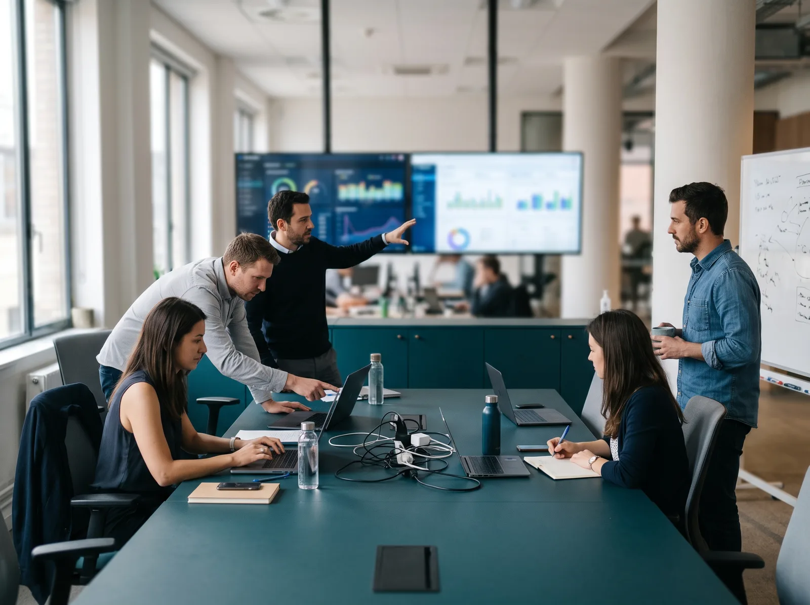 Team watching monitoring dashboards in an operations room