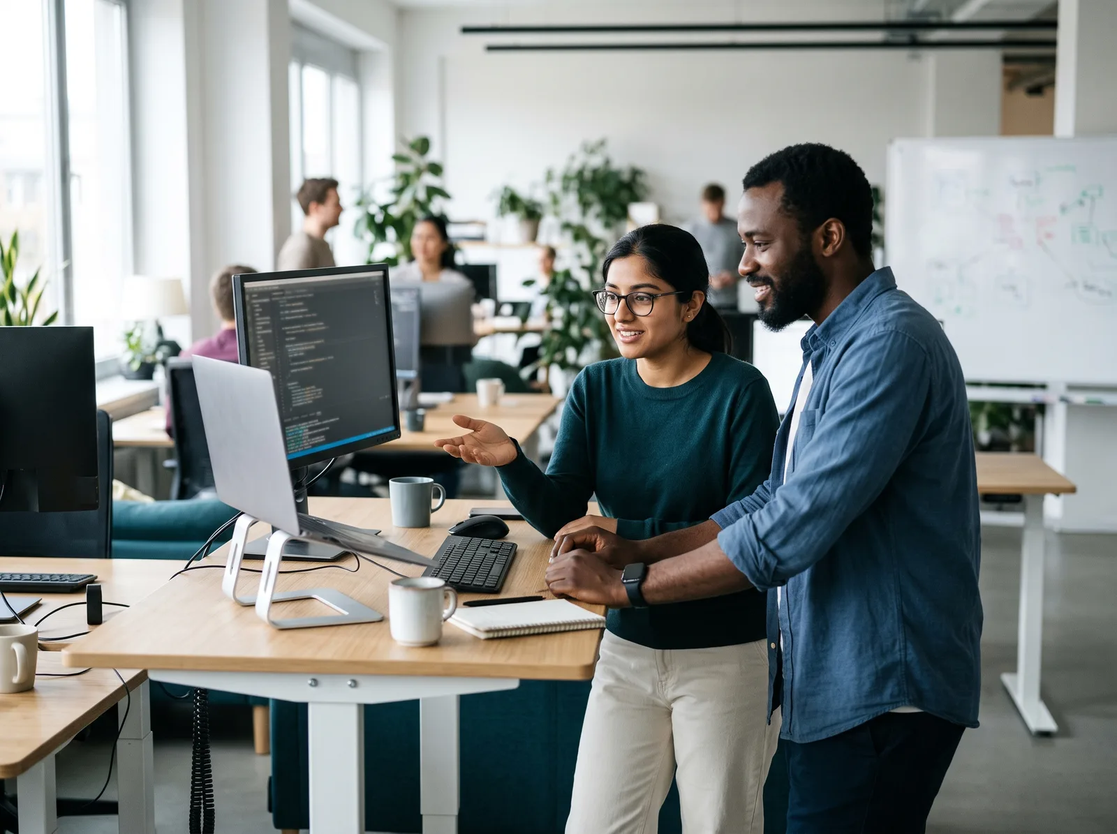 Two developers pair programming at a standing desk