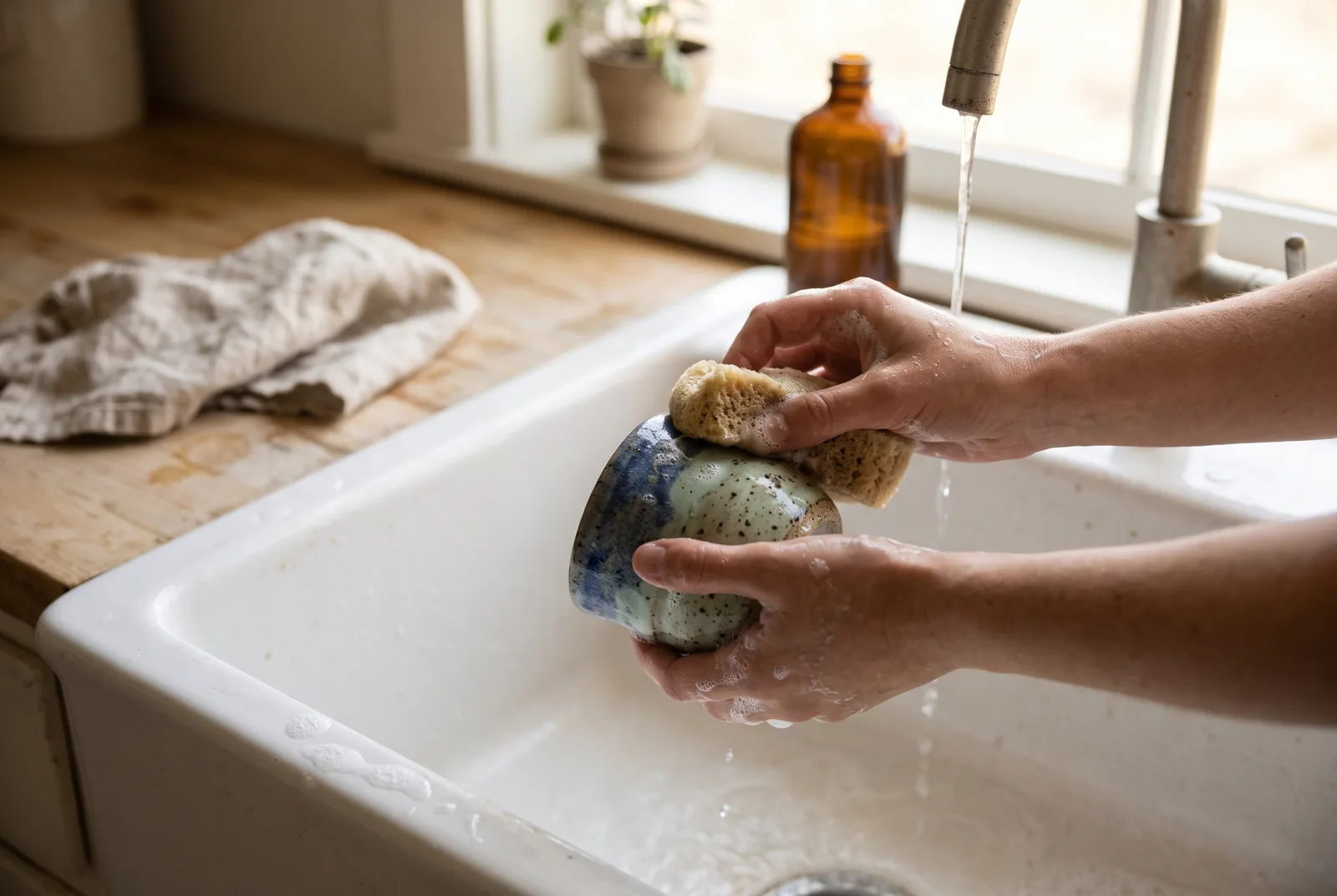 Washing a handmade cup by hand at a sink