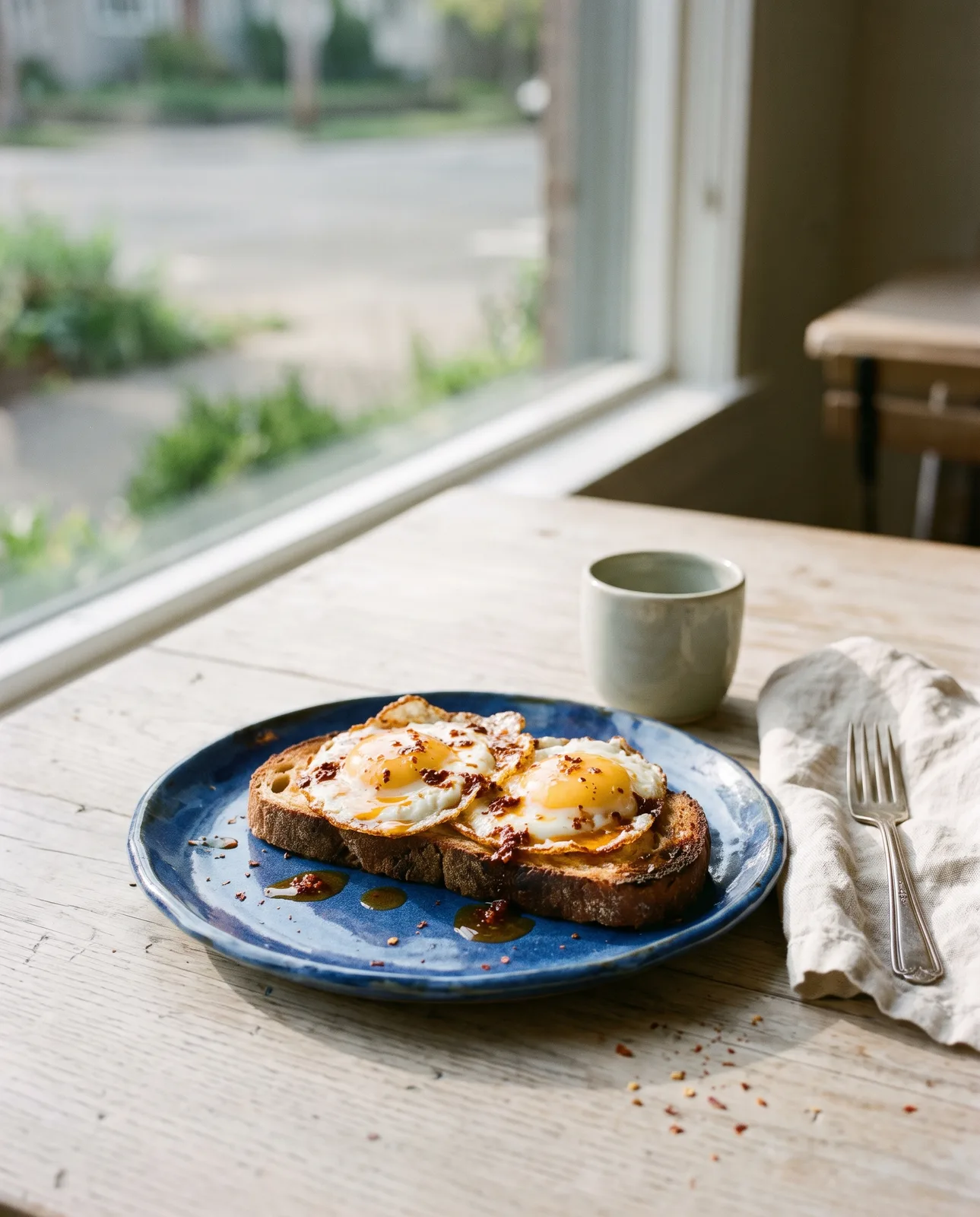 Eggs on sourdough with a cobalt plate