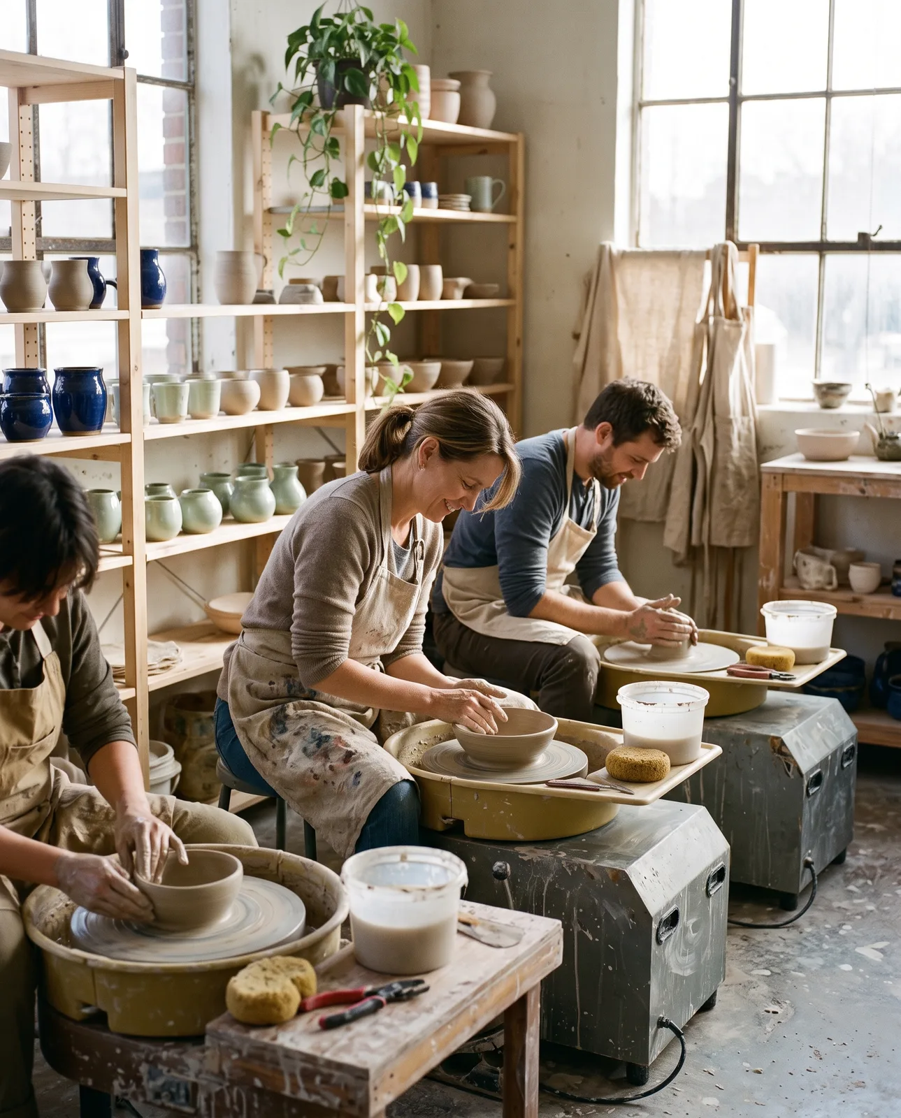 A small group at pottery wheels