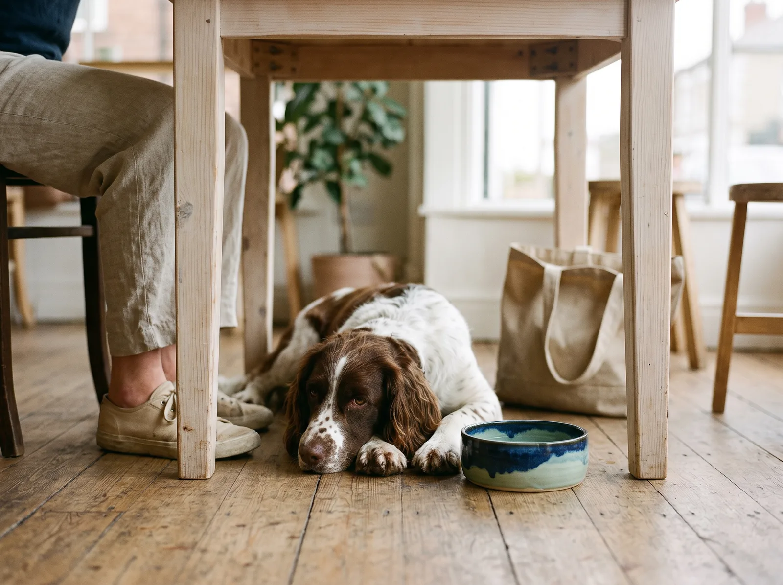 A spaniel resting under a table beside a water bowl