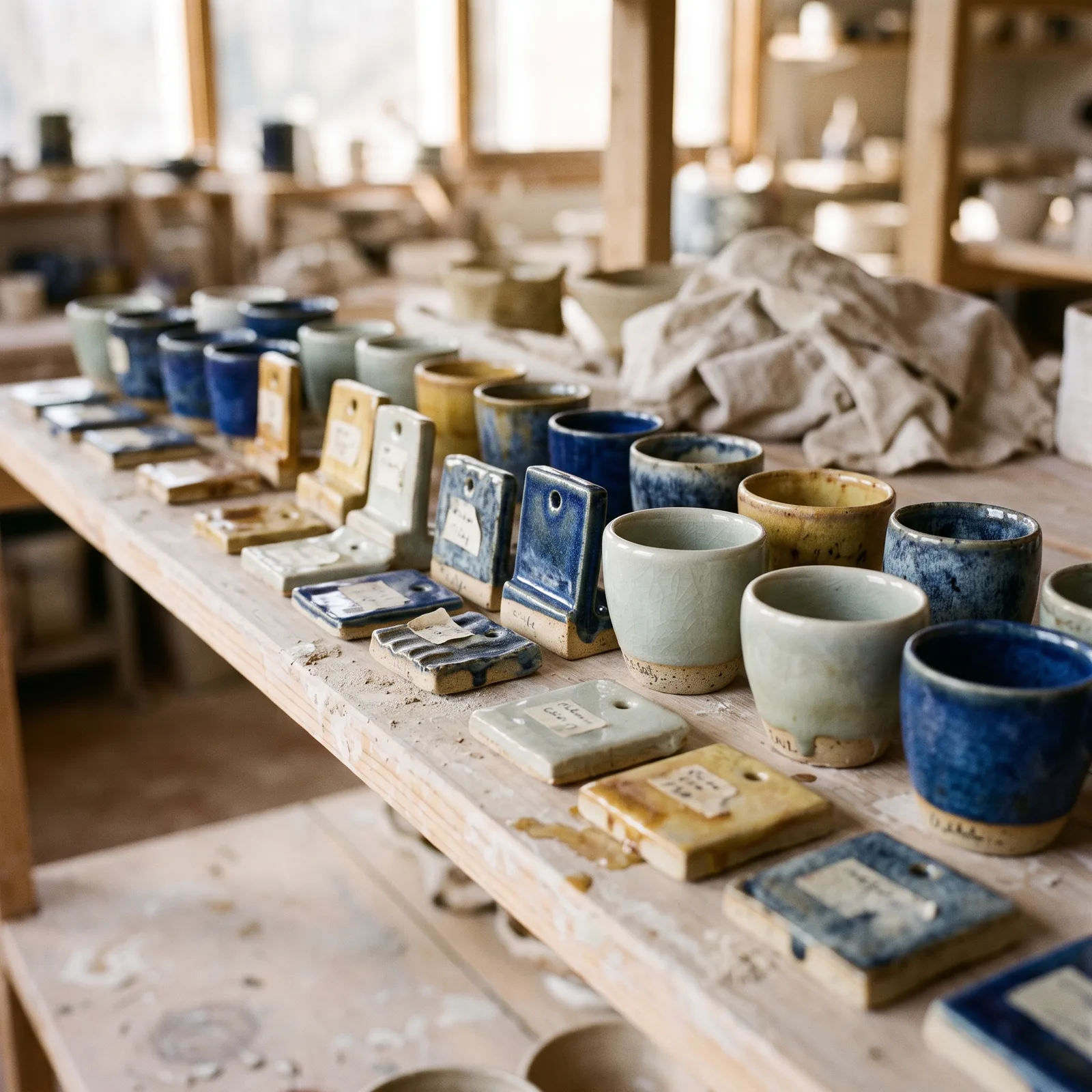 Glaze tests lined up on a shelf