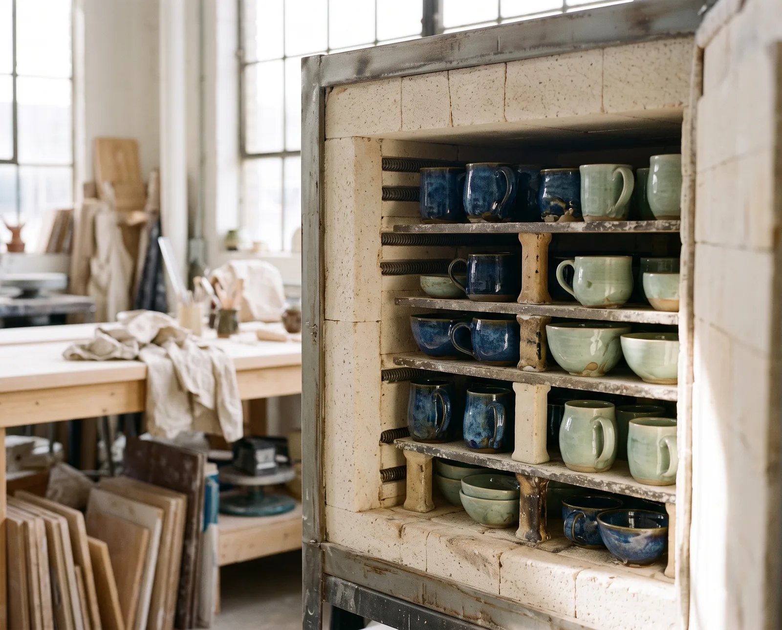 Kiln door open with fired pots