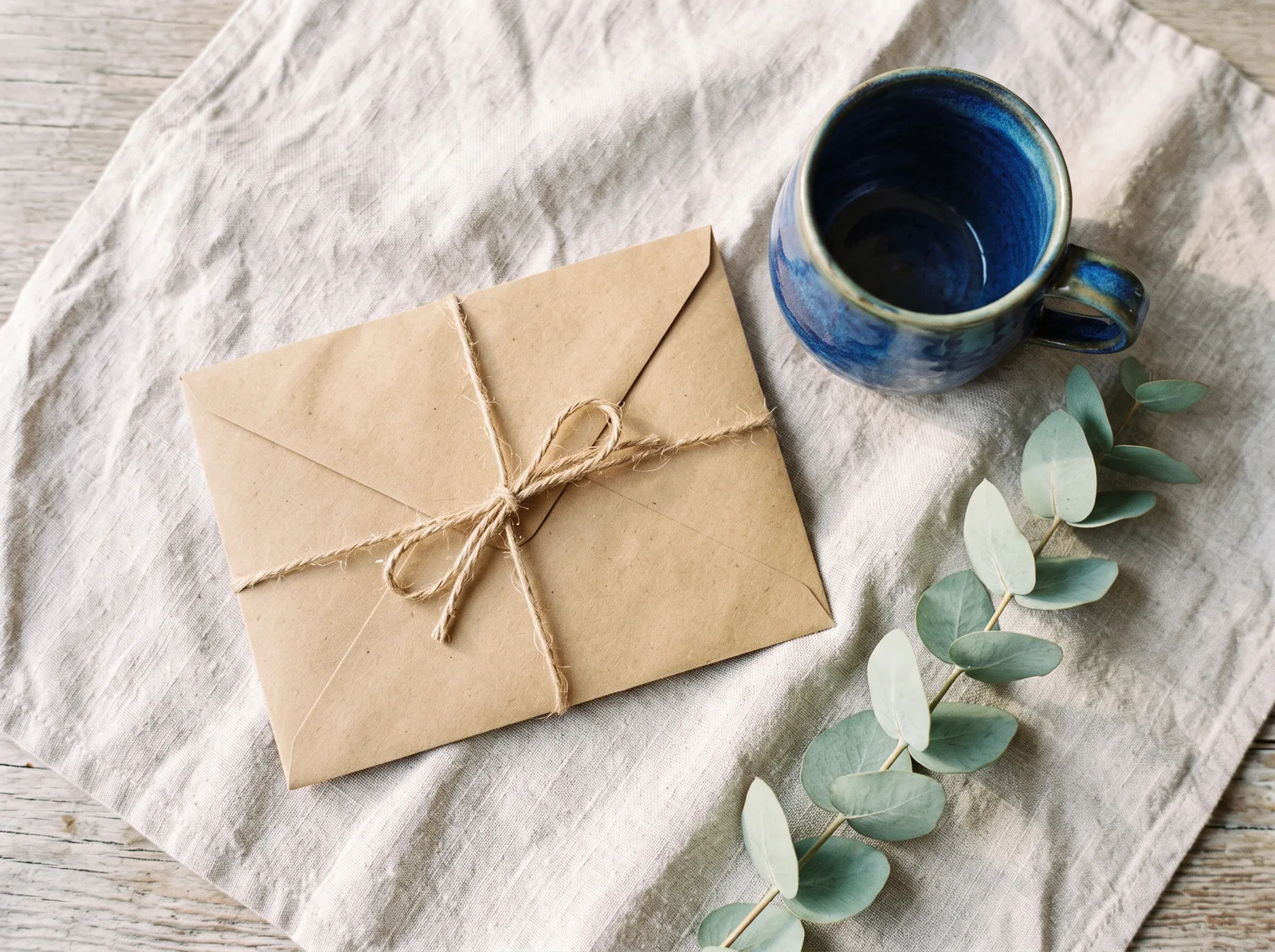 A gift voucher envelope tied with string beside a cobalt cup