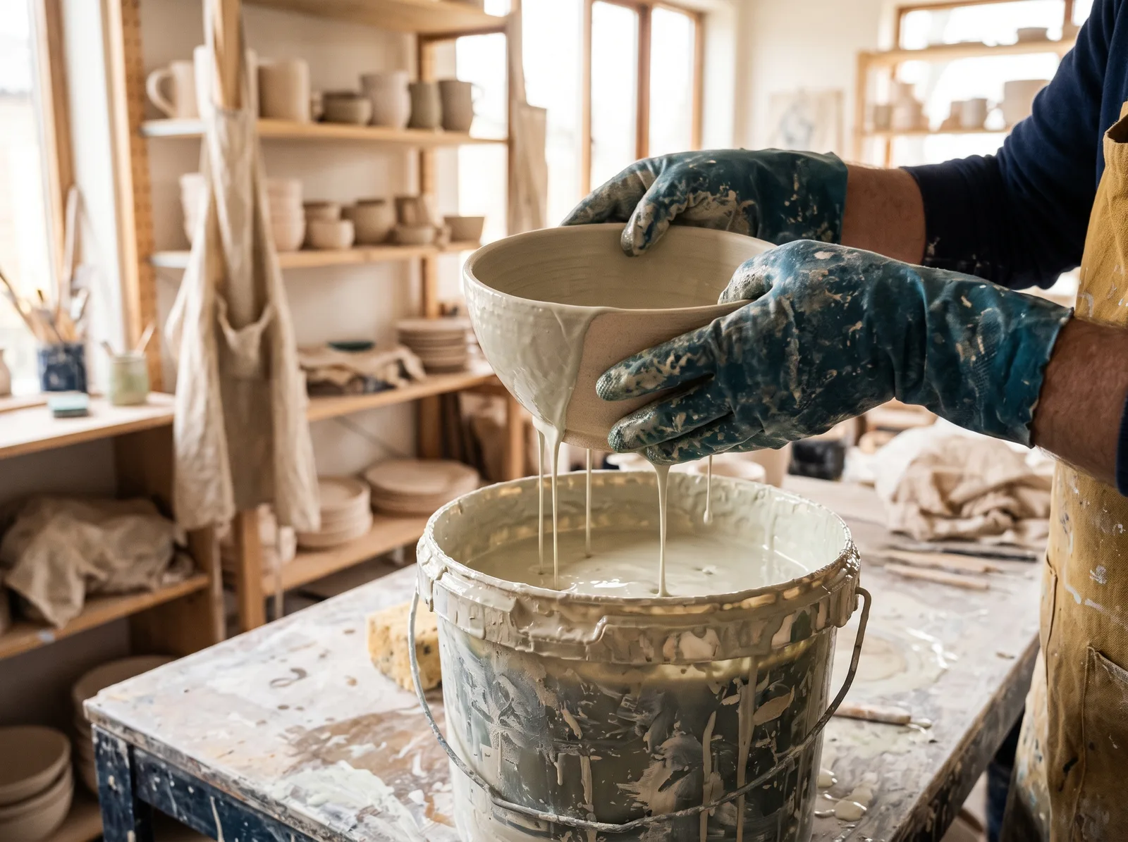 Dipping a bisque bowl into a bucket of glaze