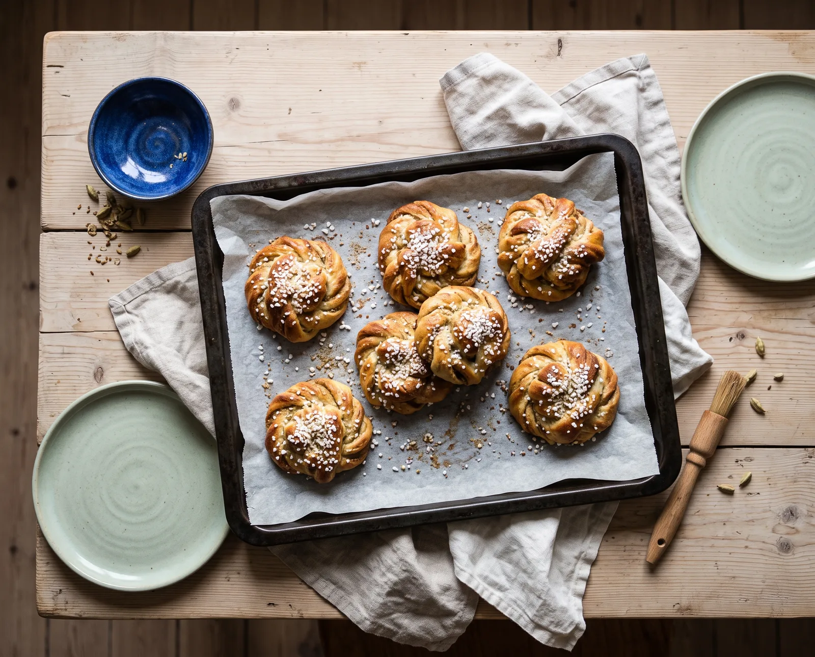 Cardamom buns cooling on a tray