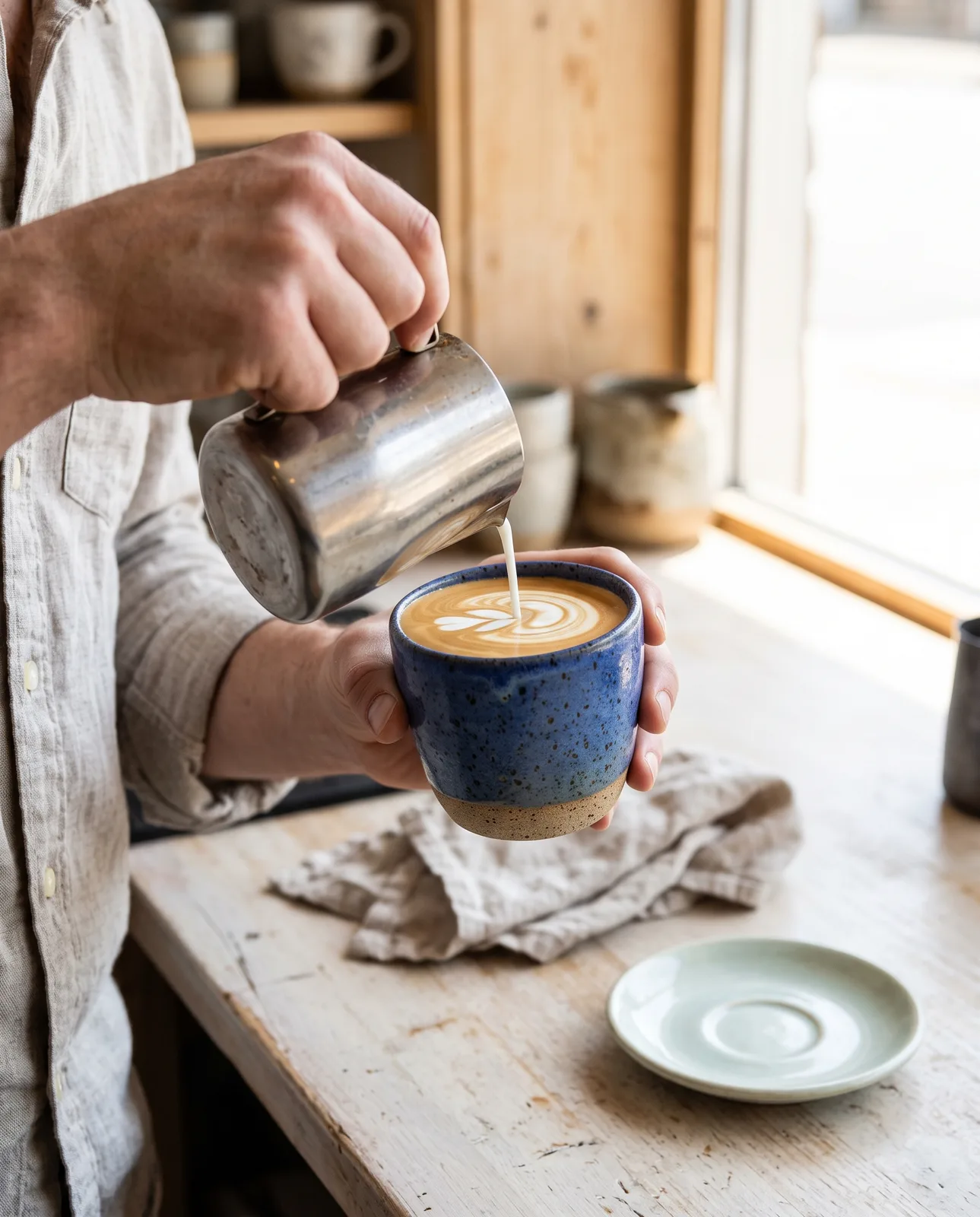 Barista pouring milk into a cobalt cup