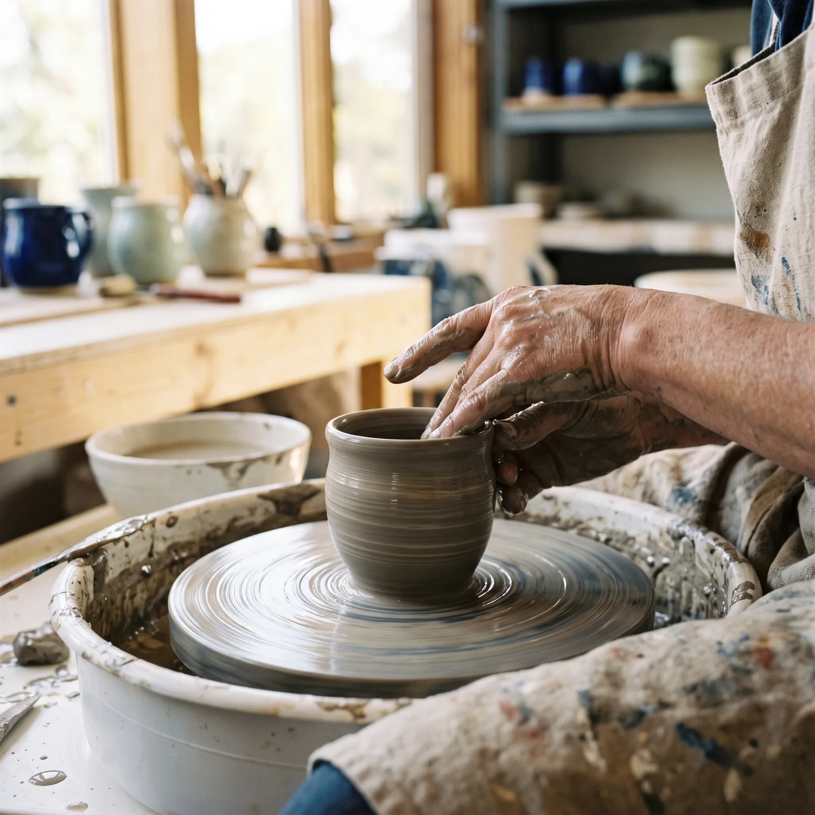 Hands shaping clay on a pottery wheel