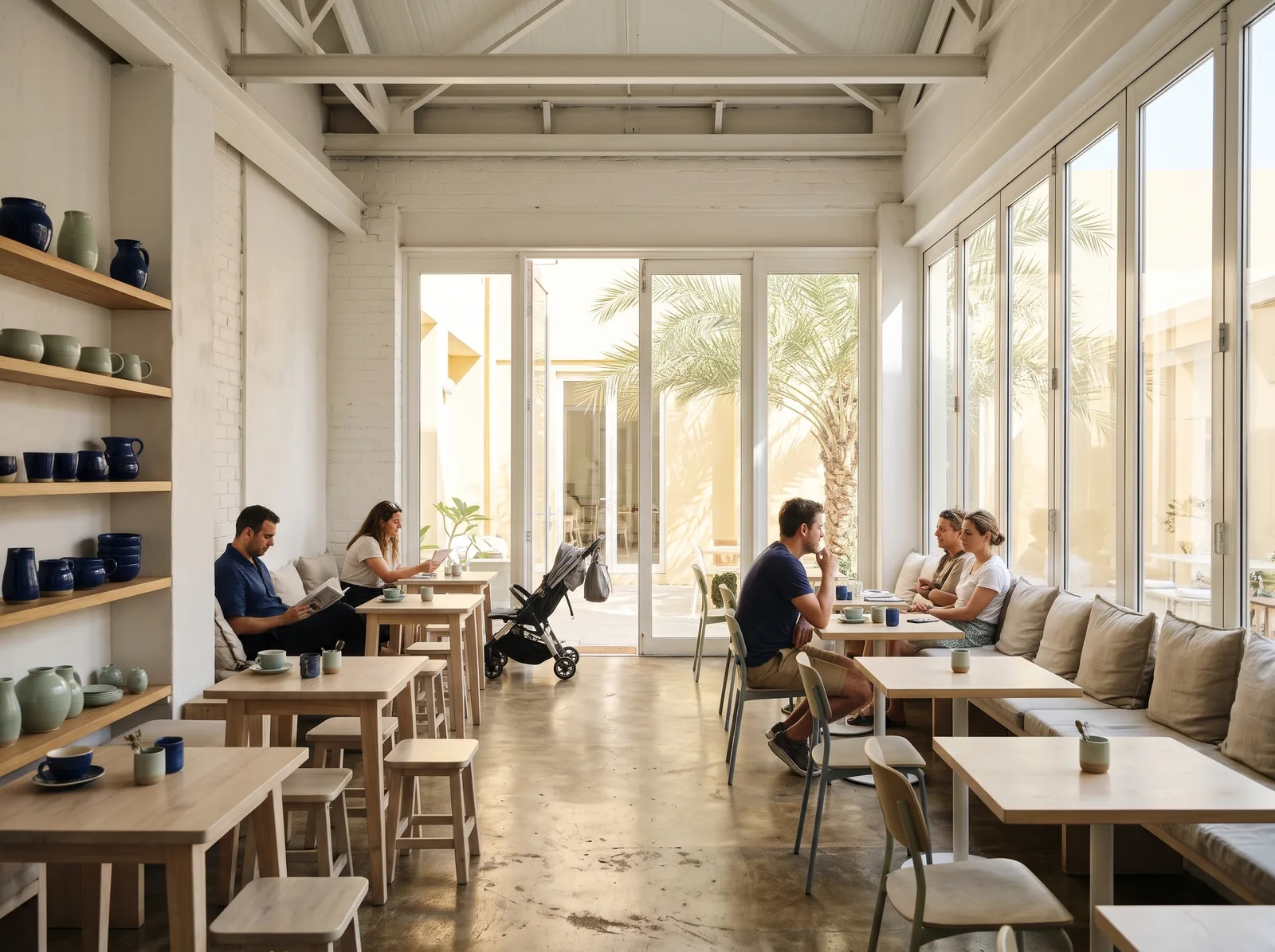 The café in the morning, glass doors open onto the courtyard