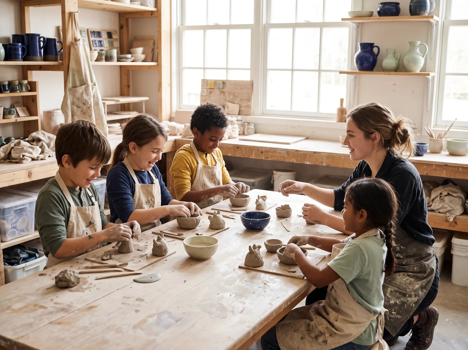 Children making clay creatures at a long studio table