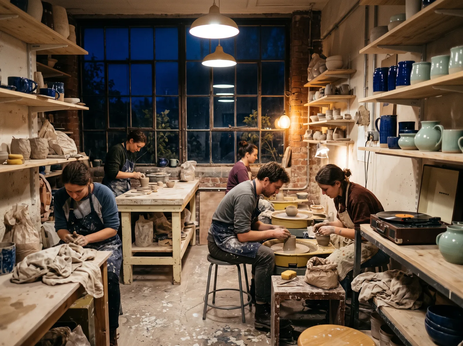 The studio at night with lamps lit and people at the wheels
