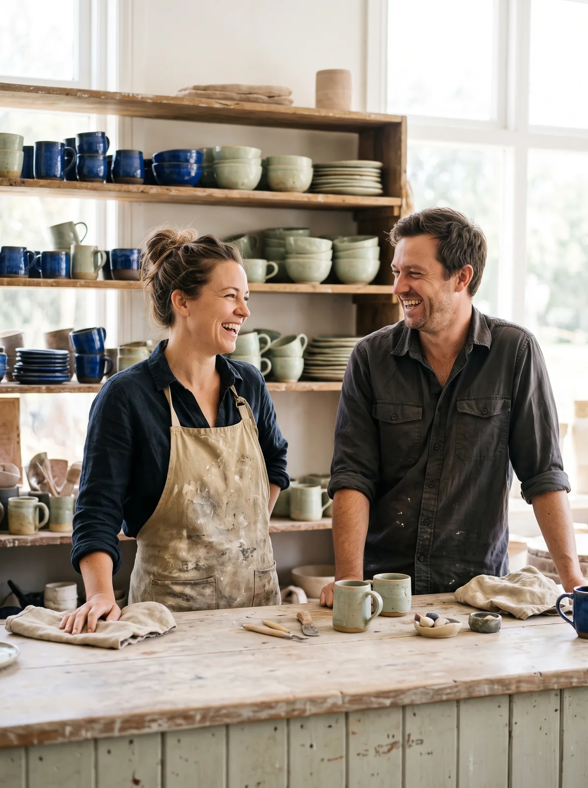 Ailsa and Tom laughing behind the counter