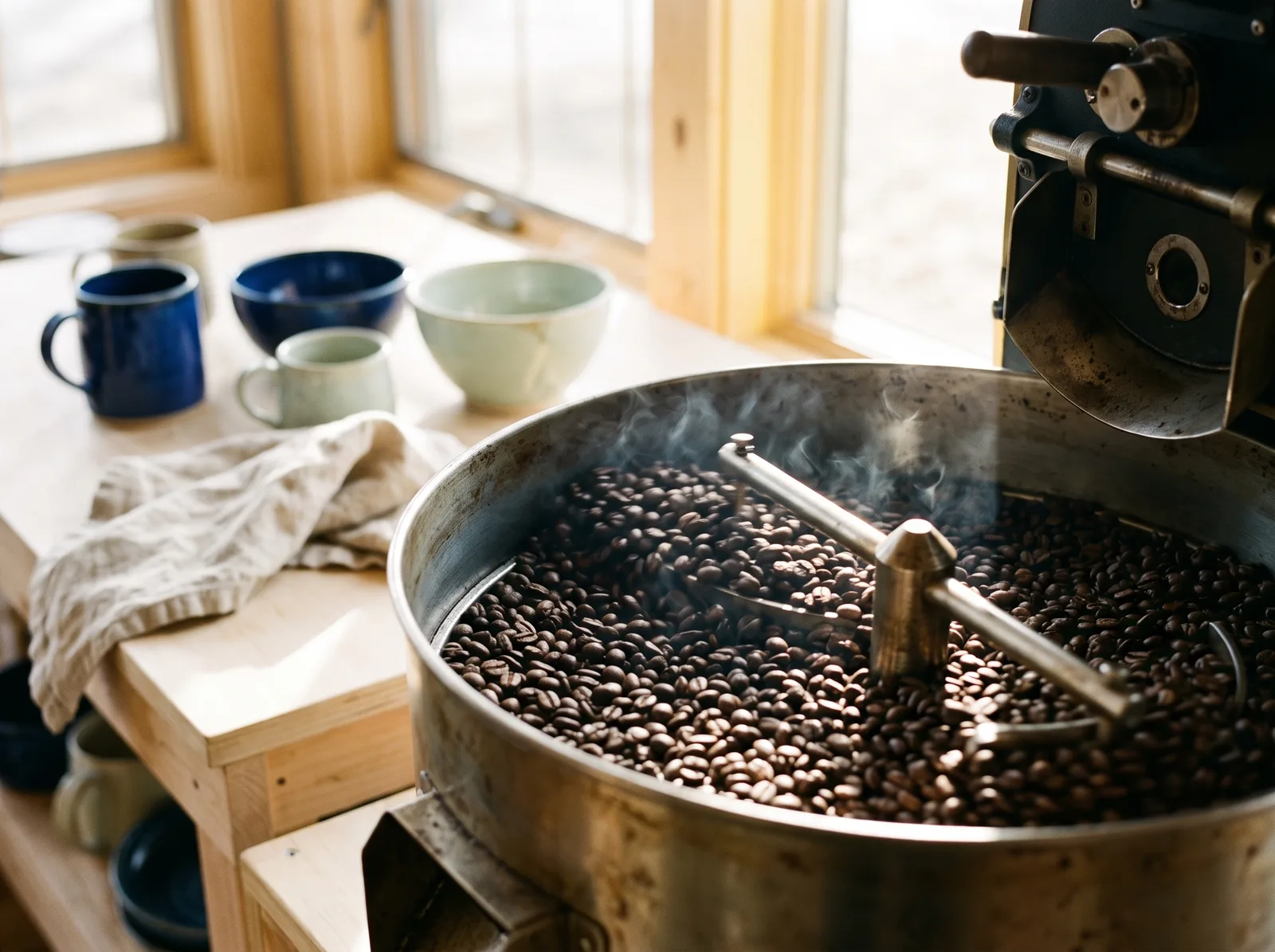 Freshly roasted coffee beans tumbling in a roaster’s cooling tray