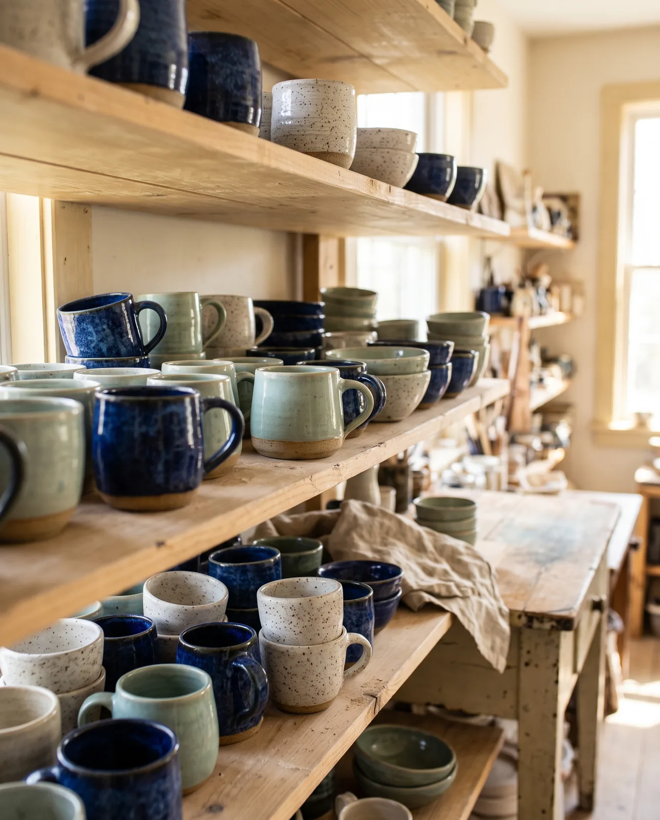 Shelves of glazed cups and bowls