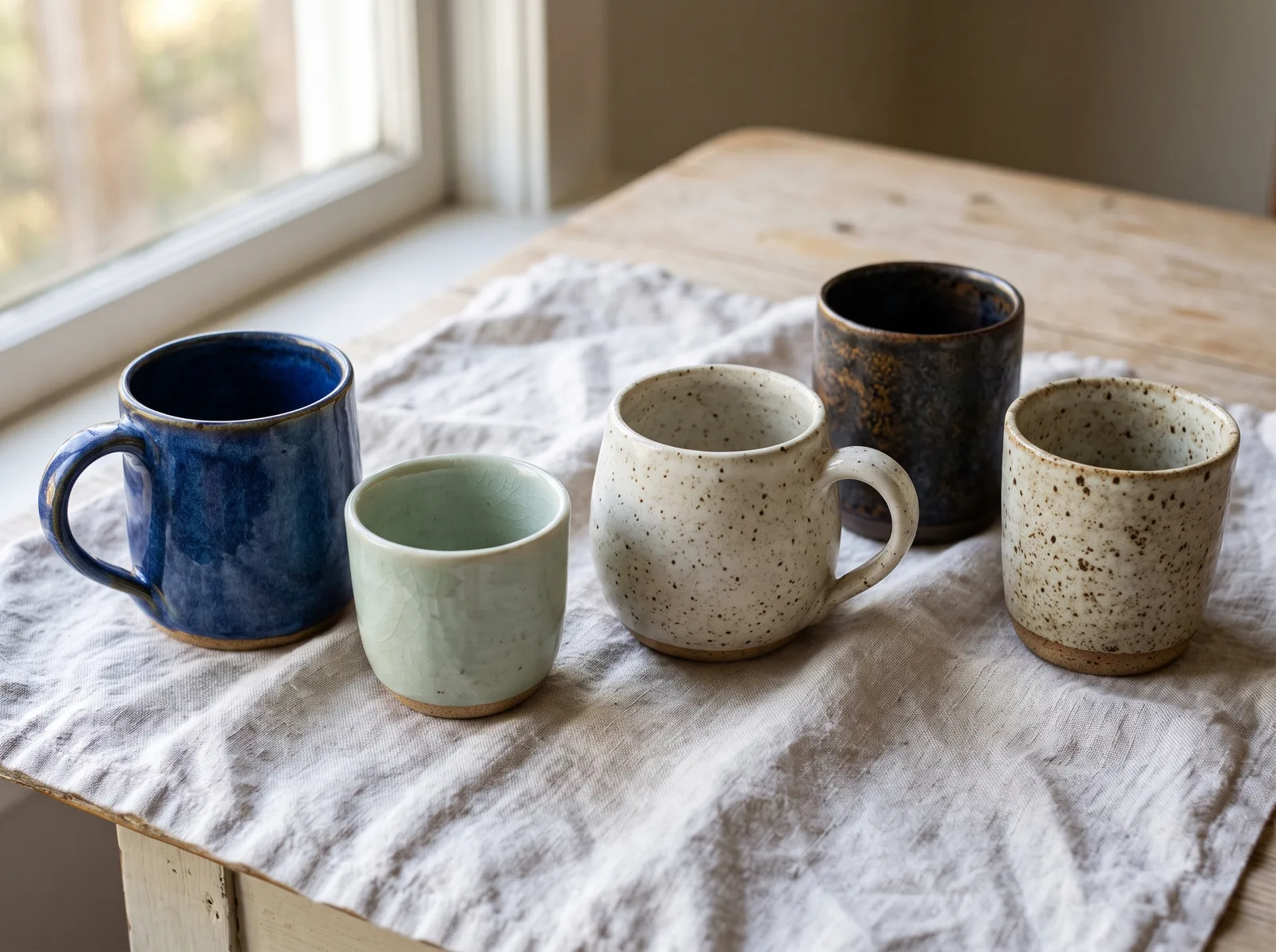 Handmade mugs and cups in cobalt, celadon and oat glazes on linen