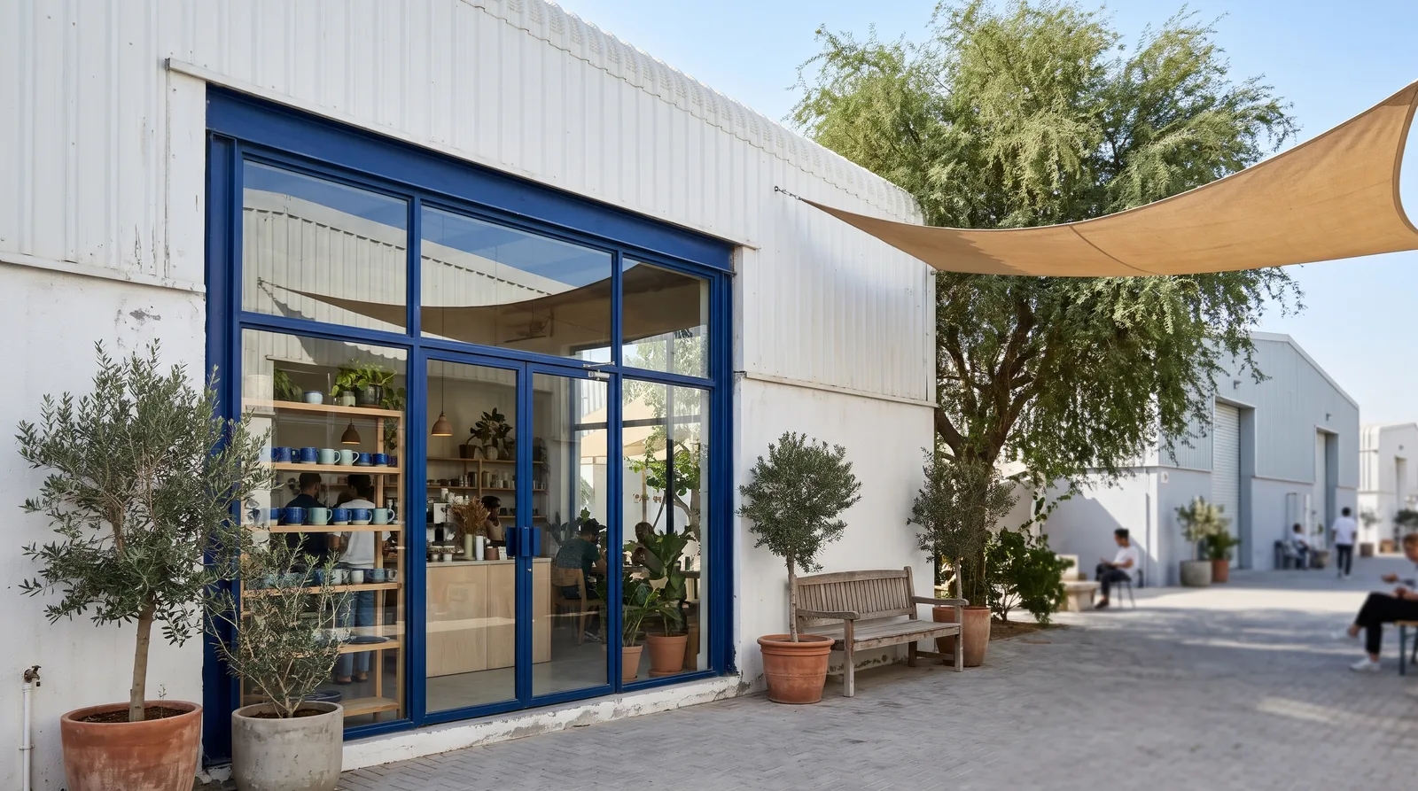 The café’s cobalt-framed glass front on a sunny warehouse courtyard