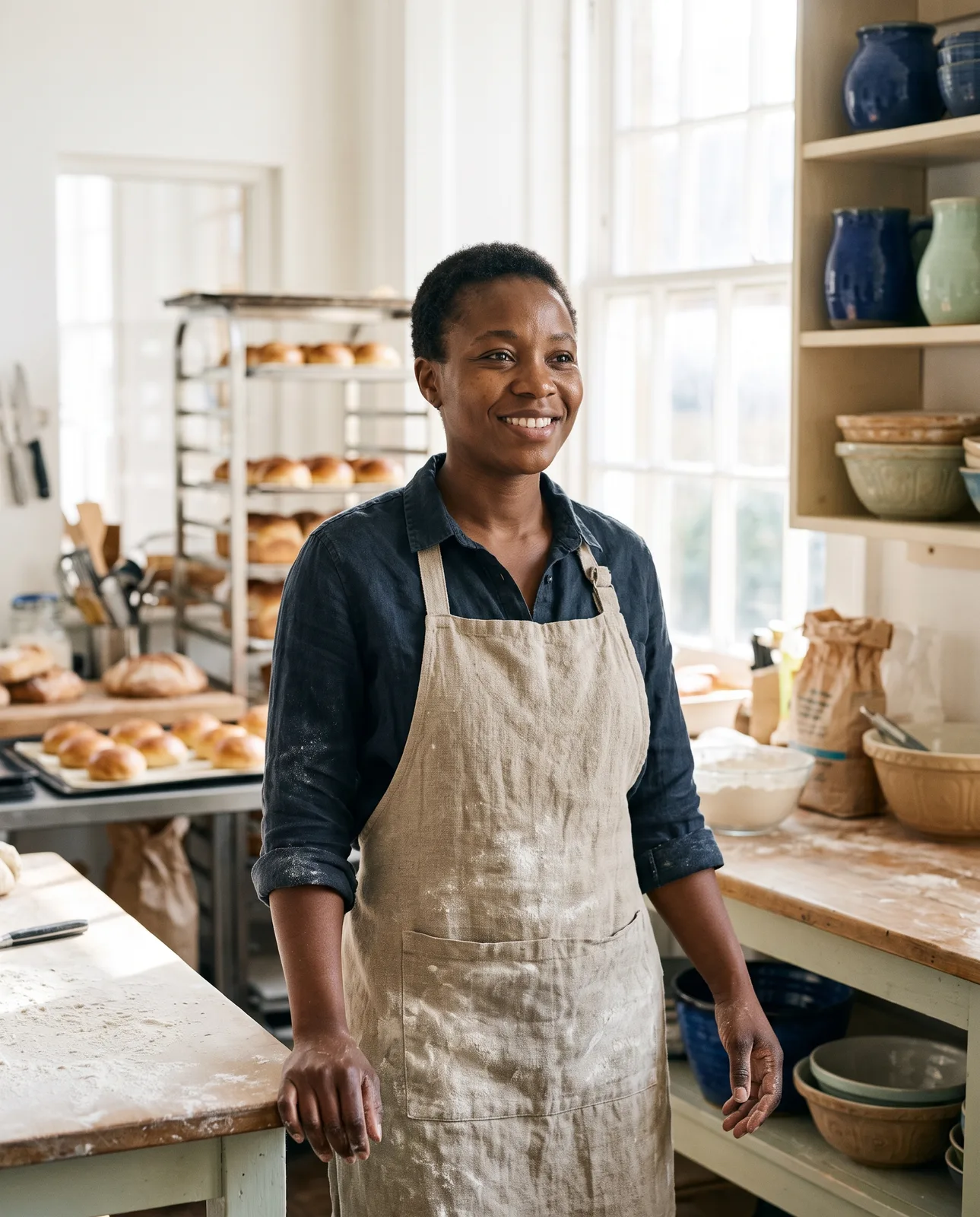 Ada Okafor, baker, in the café kitchen